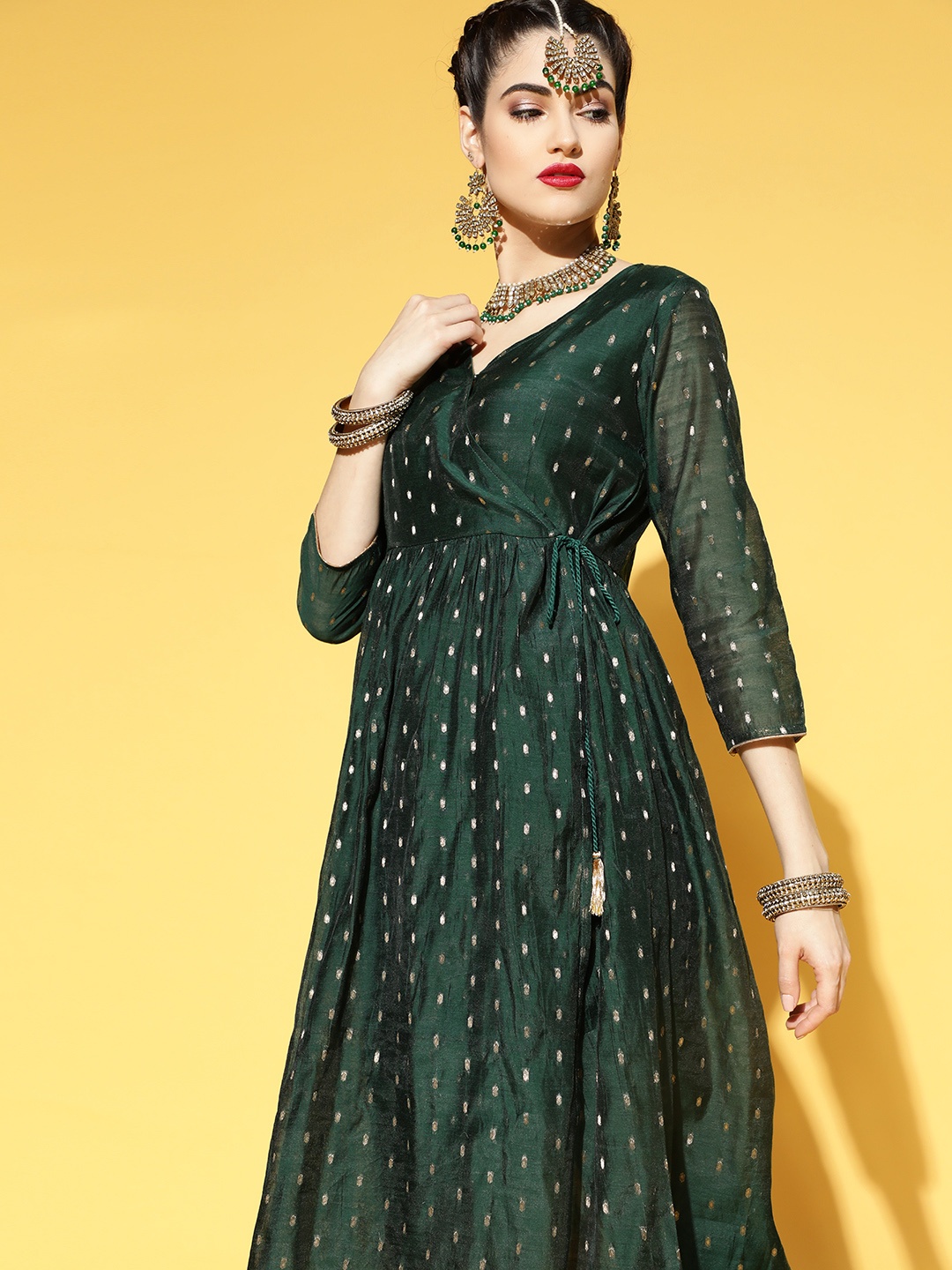 

AHIKA Women Green Geometric Woven Design Angrakha Pure Cotton Kurta with Trousers