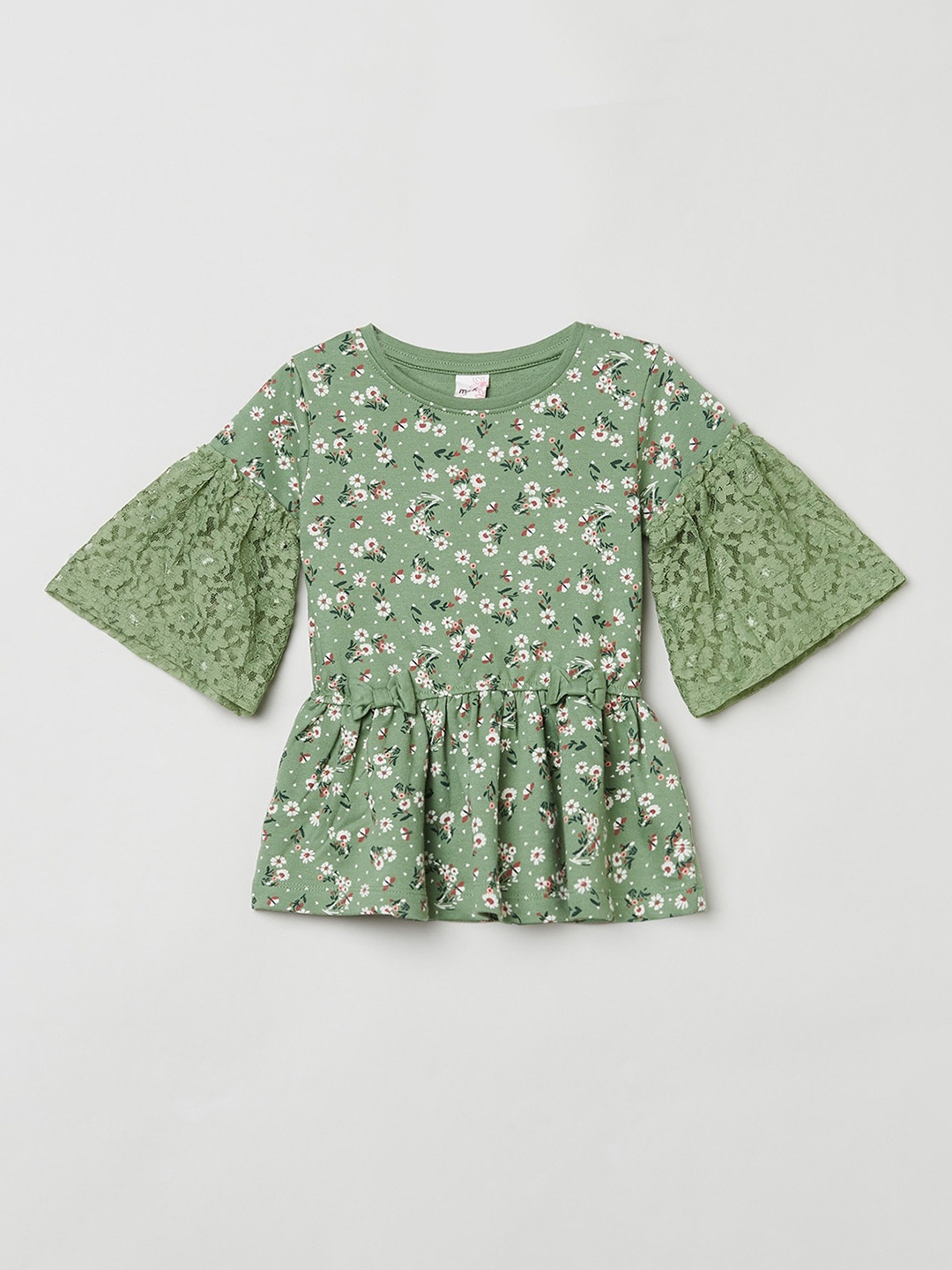 

max Girls Green & Red Floral Cinched Waist Top