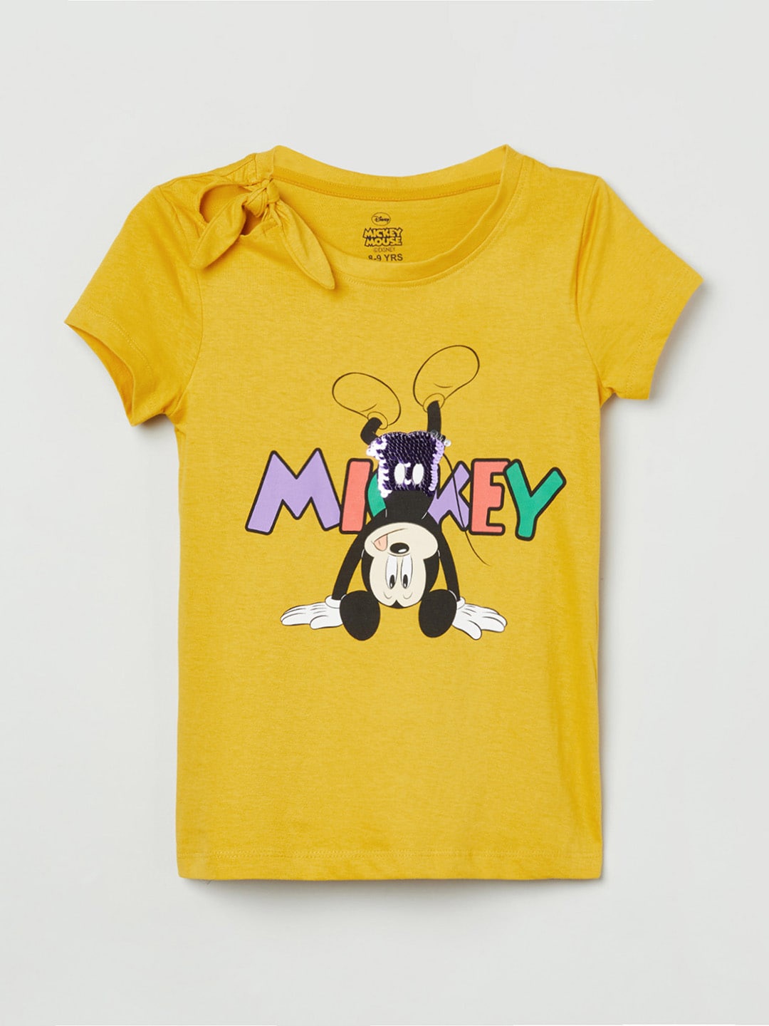 

max Girls Yellow Mickey Mouse Printed Regular Pure Cotton Top