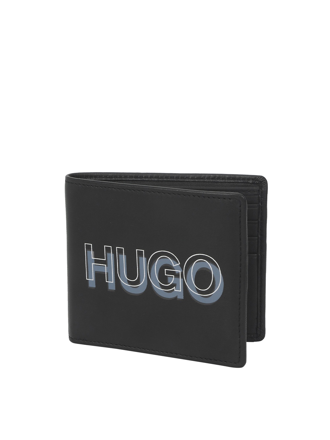 

HUGO Men Black Typography Printed Leather Two Fold Wallet