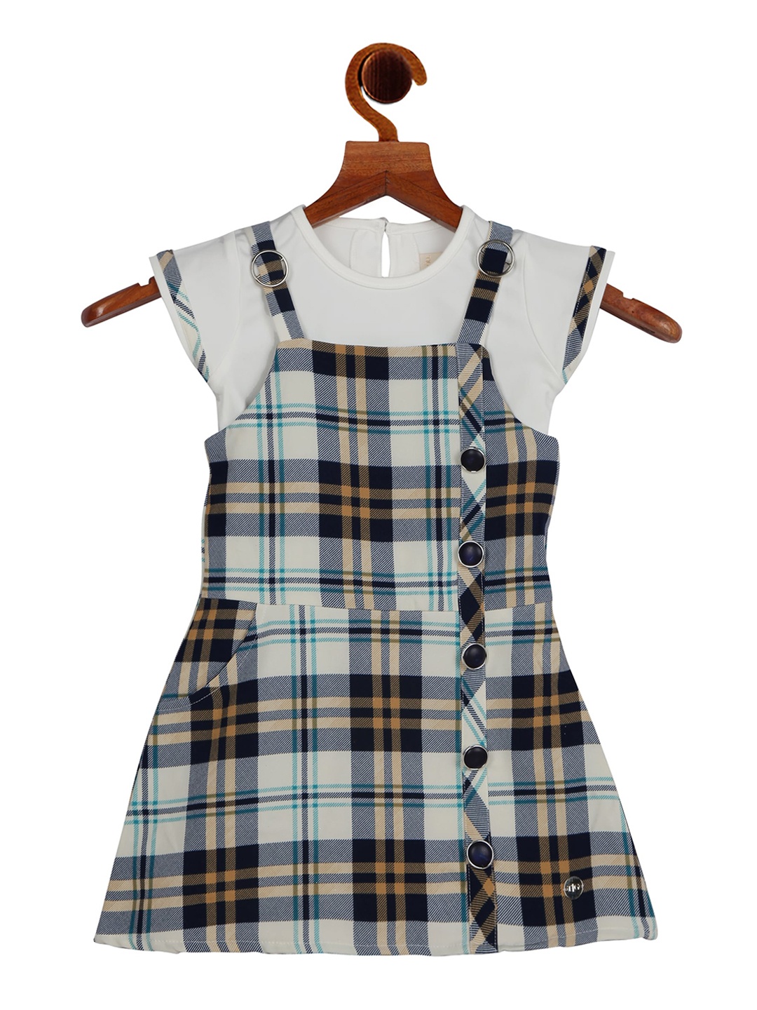 

Tiny Girl Cream-Coloured & Navy Blue Checked Pinafore Dress With T-Shirt