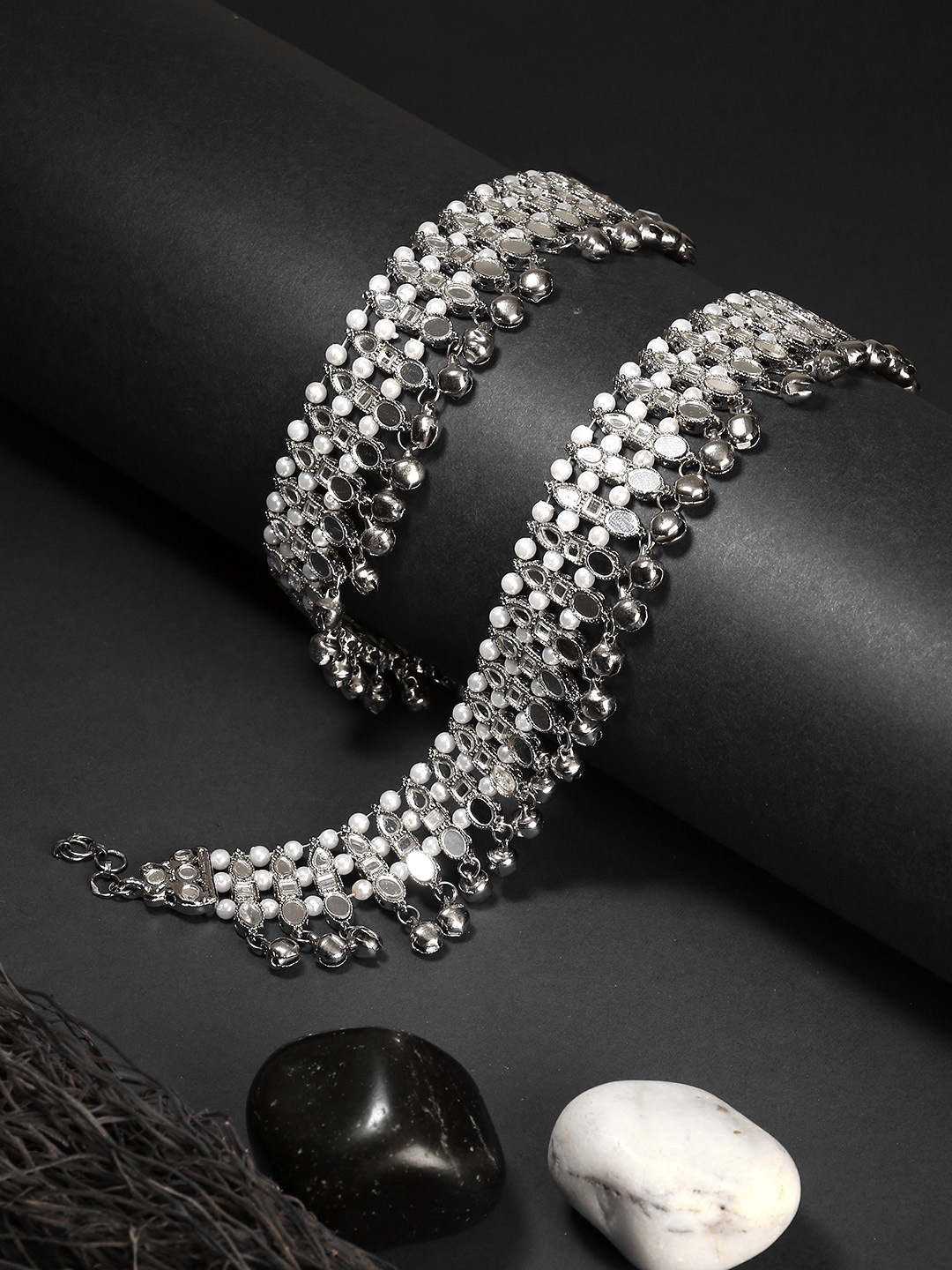 

Adwitiya Collection Set Of 2 Silver-Plated Stone-Studded Anklets