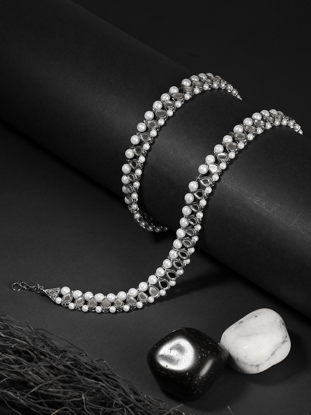 

Adwitiya Collection Set Of 2 Silver-Plated Stone Studded Handcrafted Anklets