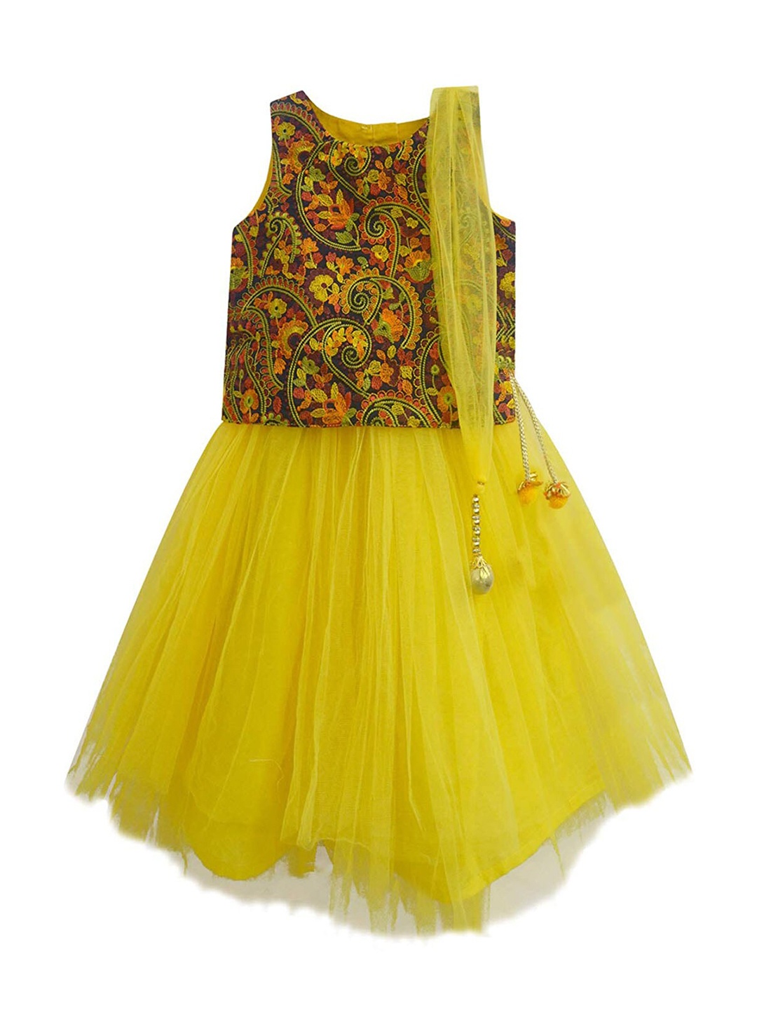 

A T U N Girls Yellow Embroidered Ready to Wear Lehenga & Blouse With Dupatta