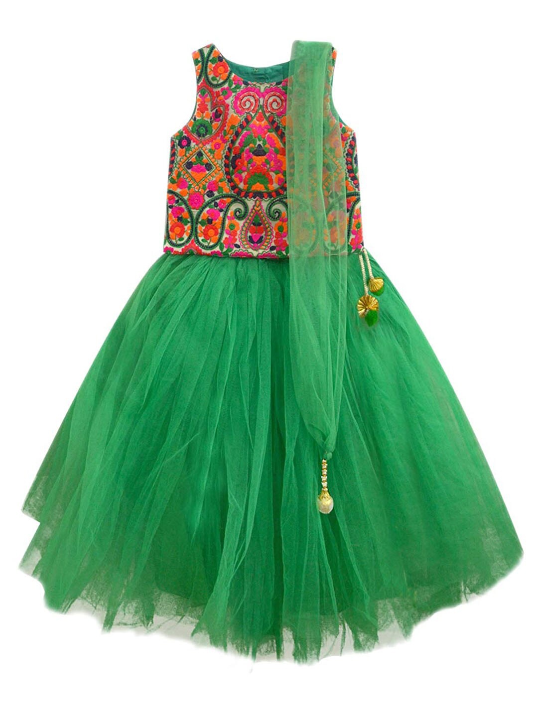 

A T U N Girls Green & Orange Embroidered Ready to Wear Lehenga Choli