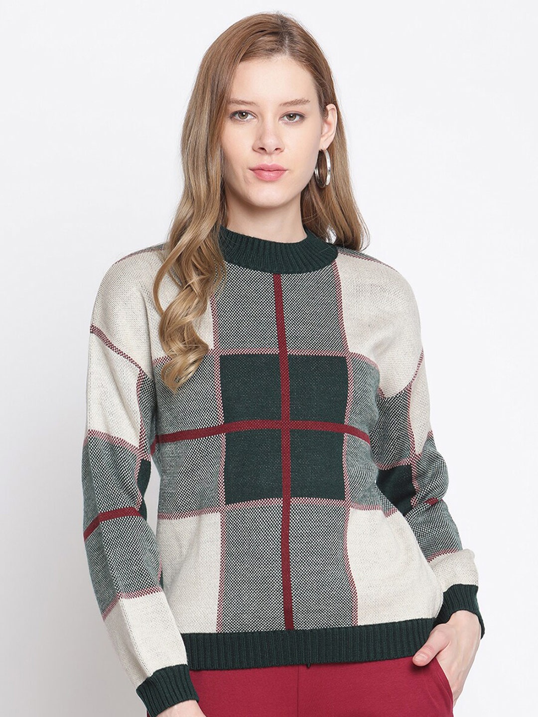 

CAMLA Women Green & Maroon Checked Pullover