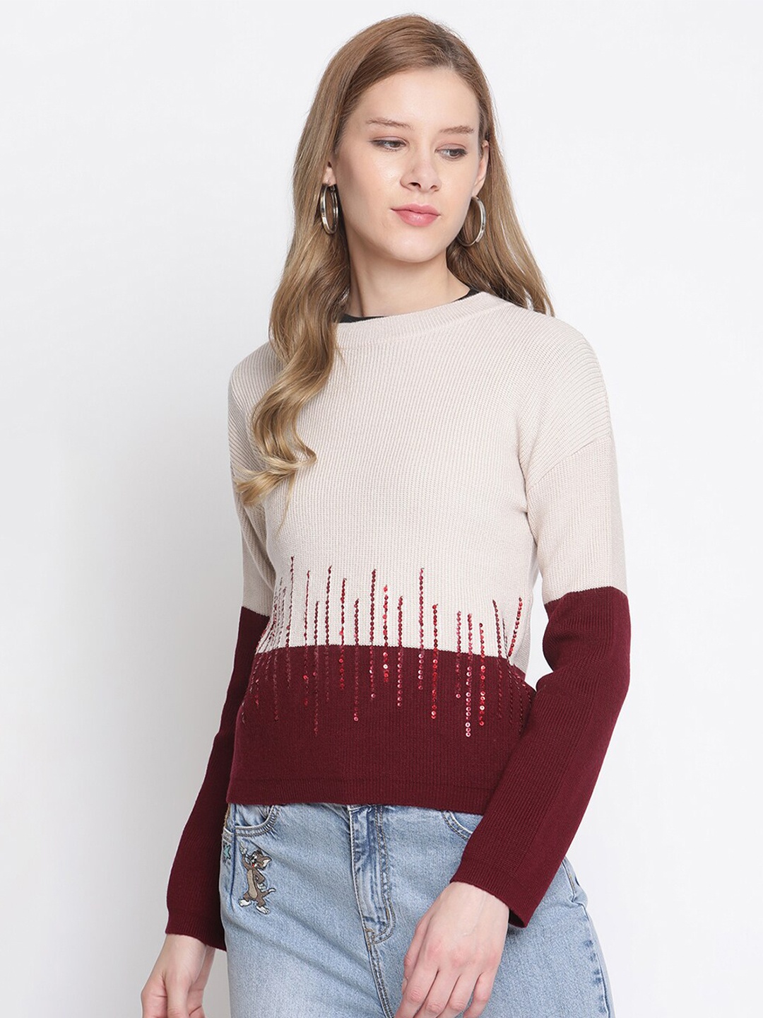 

CAMLA Women Maroon & Beige Colourblocked Pullover