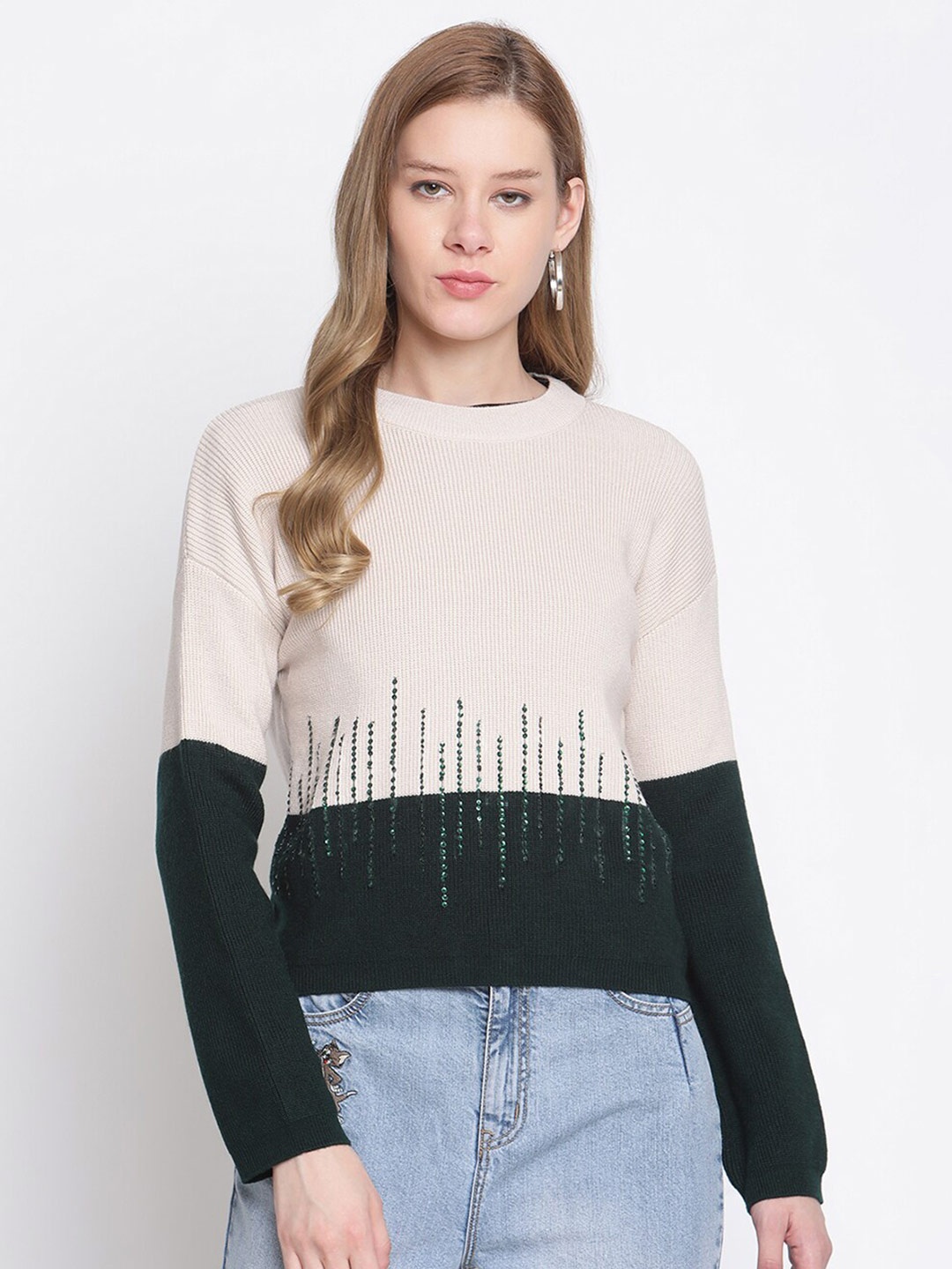 

CAMLA Women Green & Cream-Coloured Colourblocked Pullover with Embellished Detail
