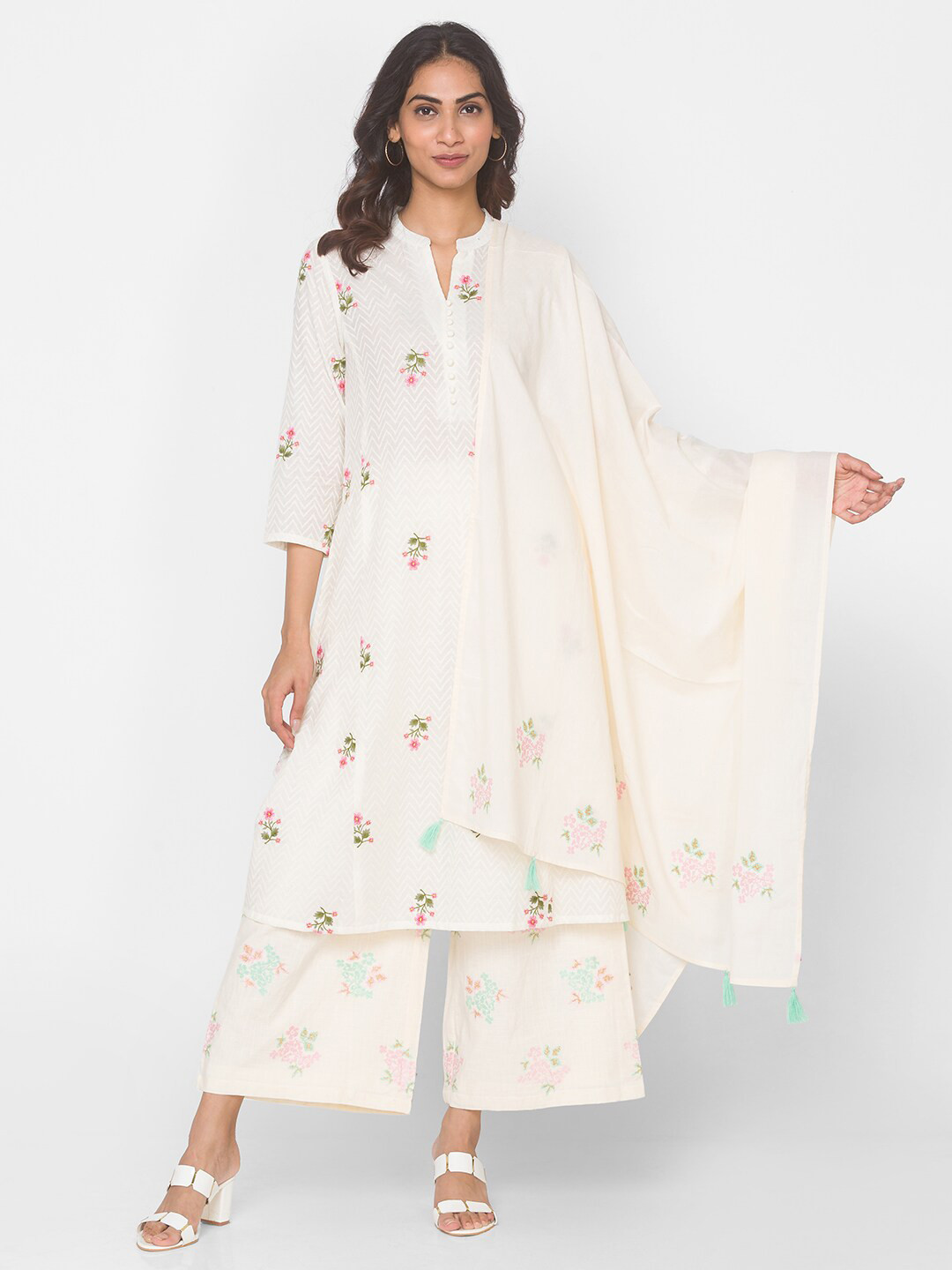 

Ethnicity Off White & Pink Floral Printed Dupatta