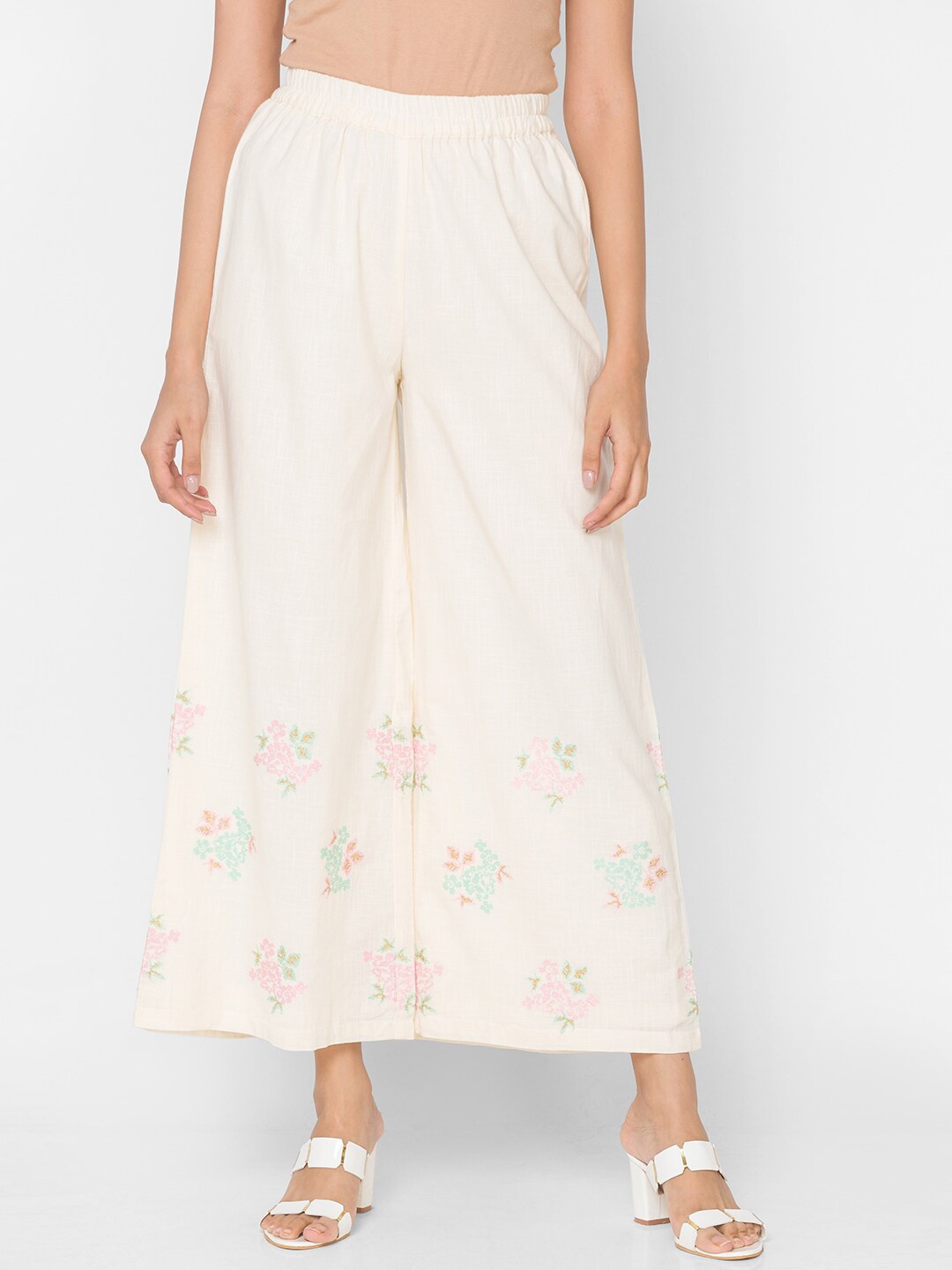 

Ethnicity Women Off White & Pink Floral Printed Flared Ethnic Palazzos