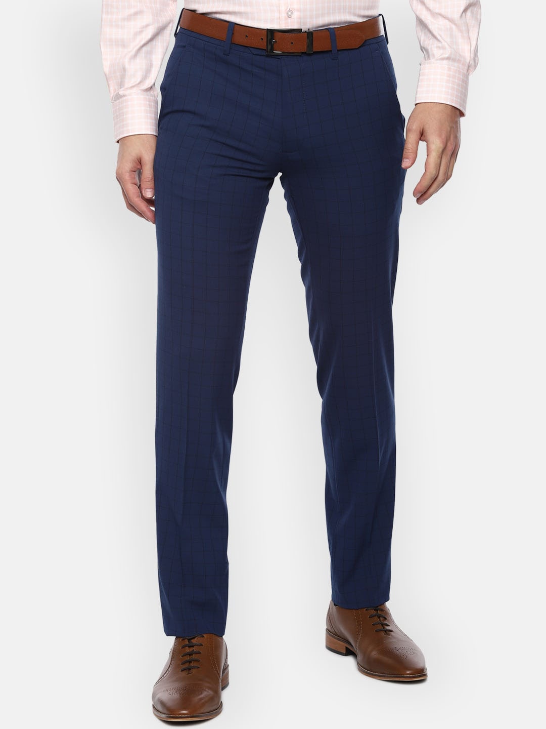 

Van Heusen Men Navy Blue Checked Slim Fit Formal Trousers