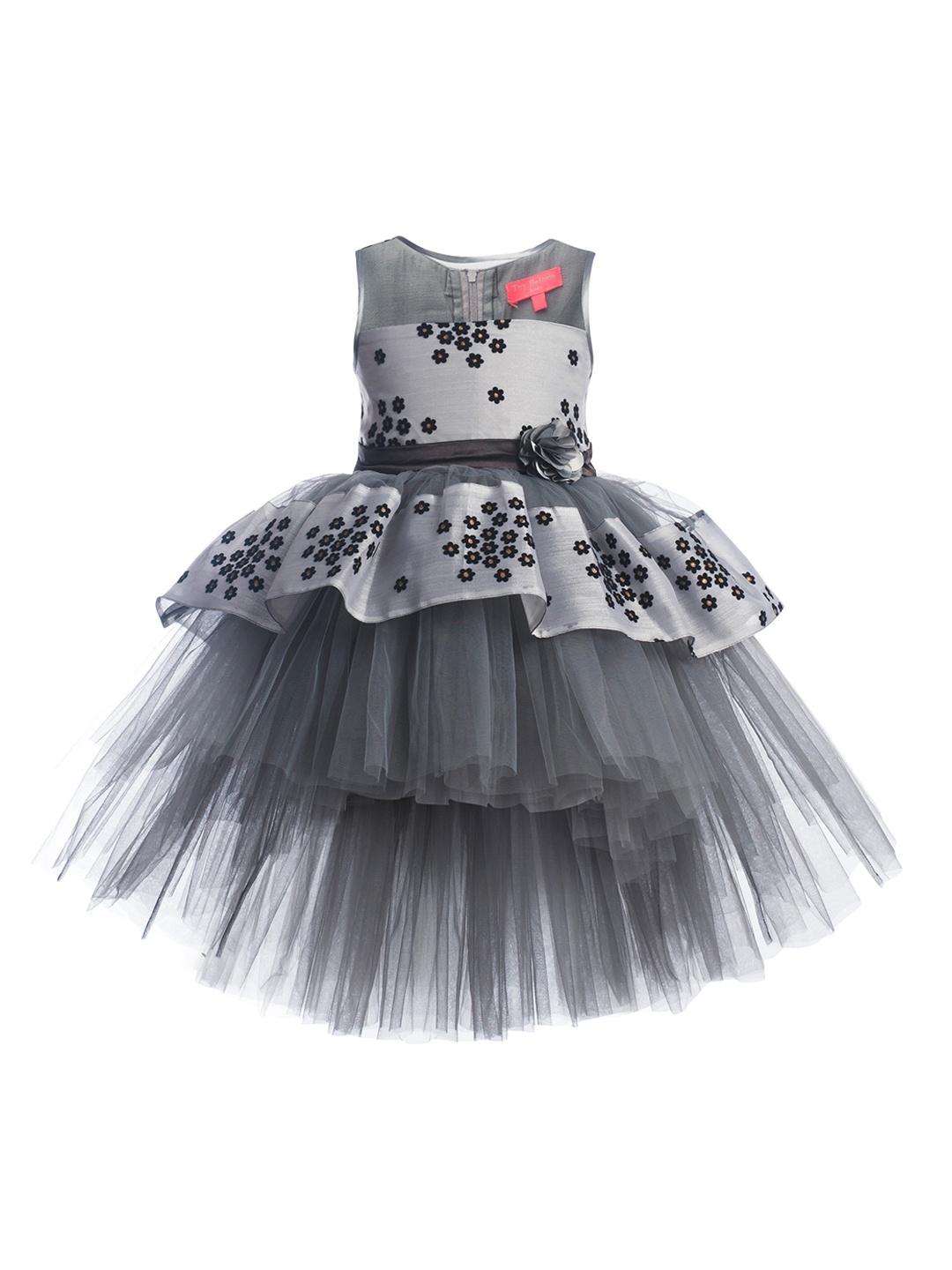 

Toy Balloon kids Grey Floral Embroidered Layered Net Dress