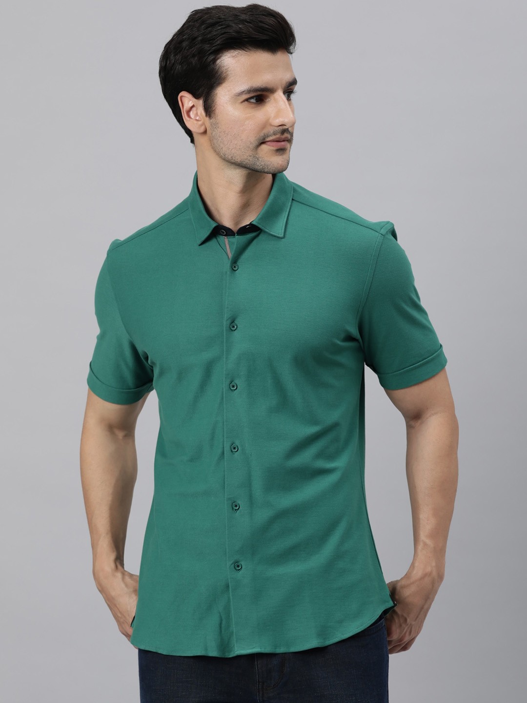 

RARE RABBIT Men Breath Regular Fit Spread Collar Cotton Shirt, Green
