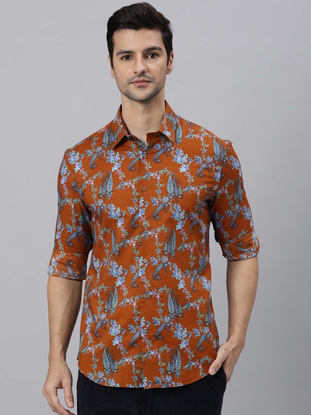 

RARE RABBIT Men Davos Regular Fit Opaque Printed Shirt, Orange