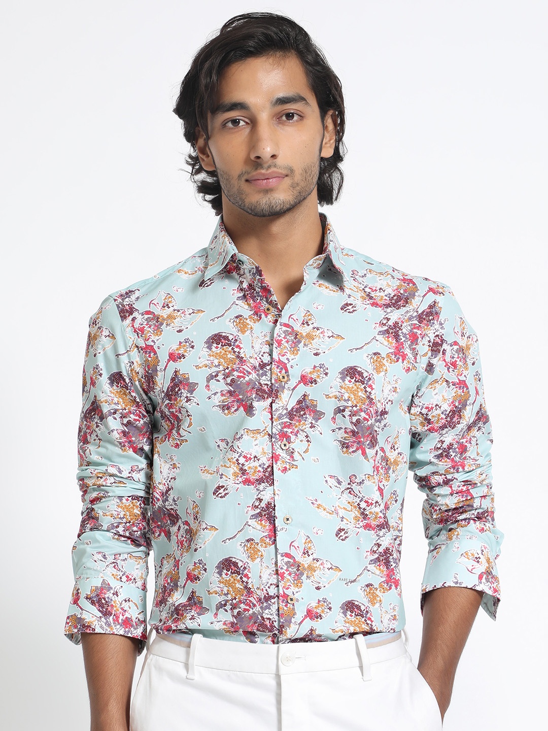 

RARE RABBIT Men Turquoise Blue & Red Tailored Fit Floral Opaque Cotton Casual Shirt