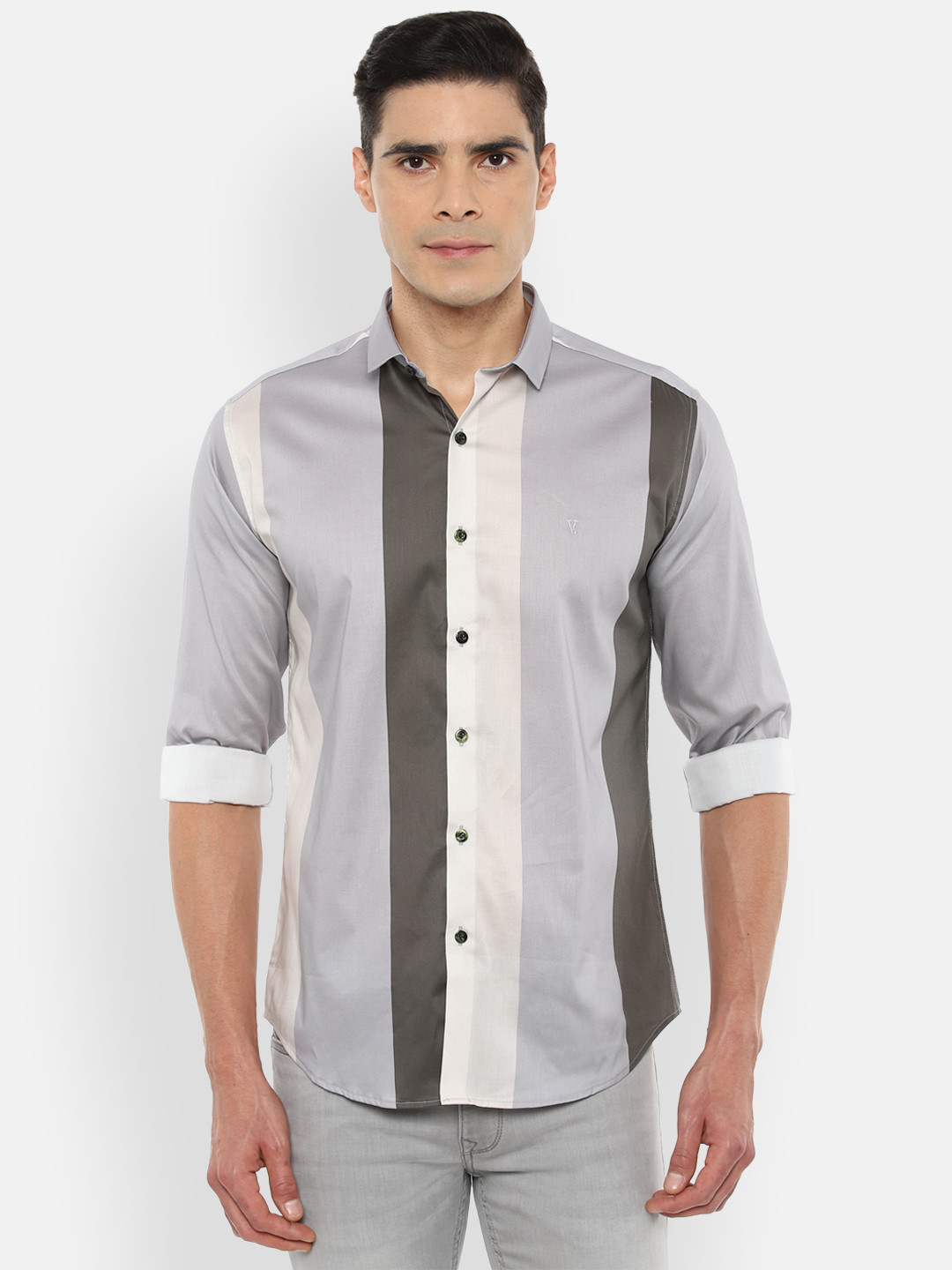 

V Dot Striped Spread Collar Slim Fit Casual Shirt, Grey