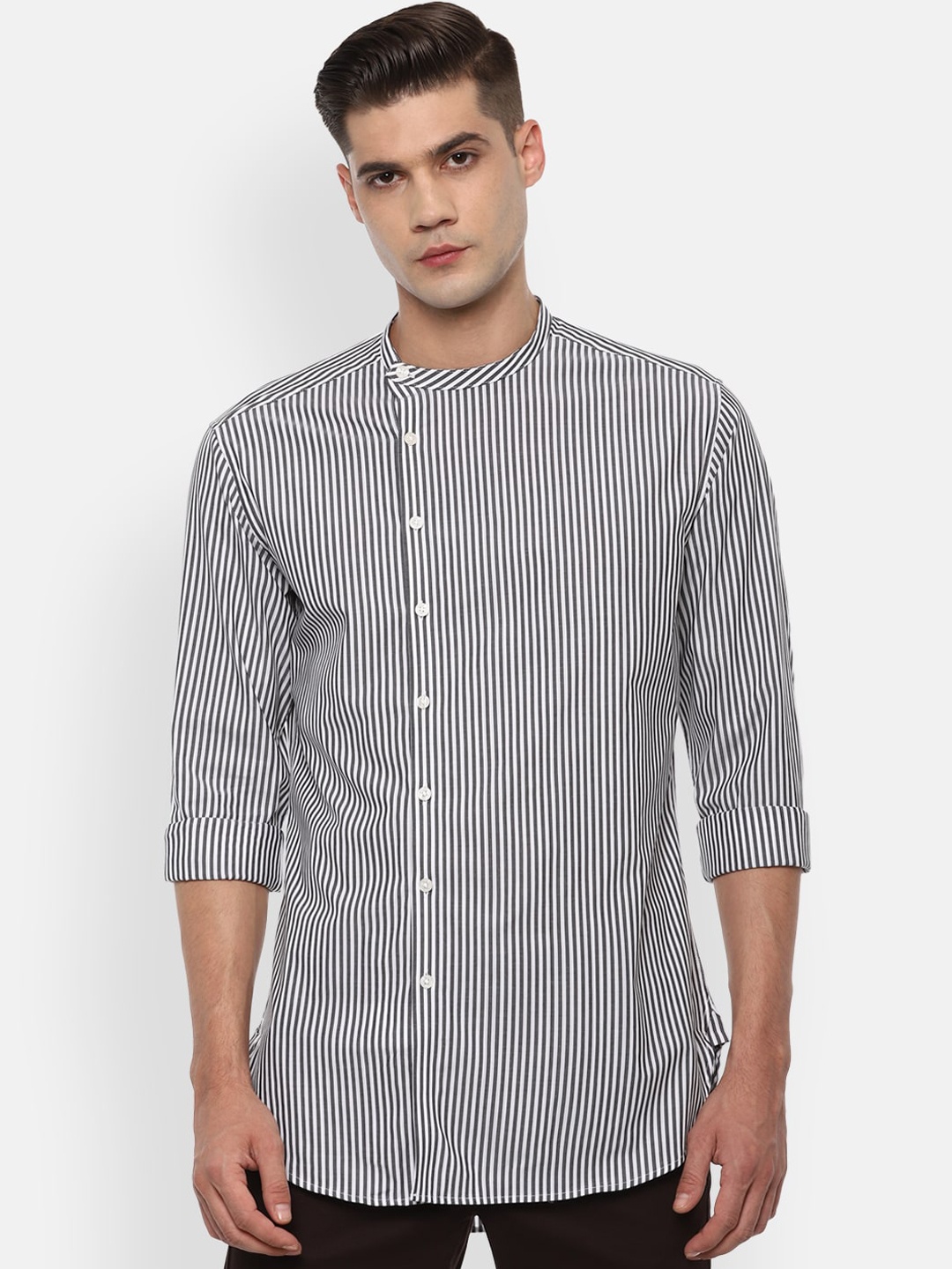 

V Dot Men Grey Slim Fit Opaque Striped Shirt