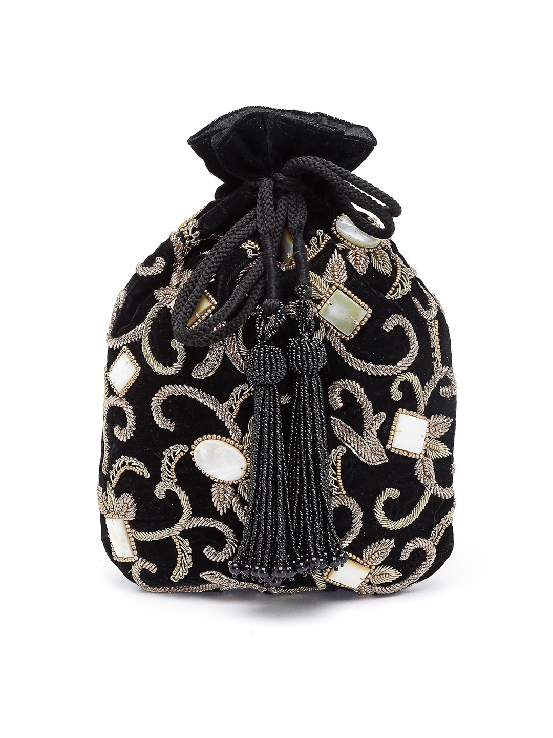 

PRACCESSORII Black & Gold-Toned Embellished Potli