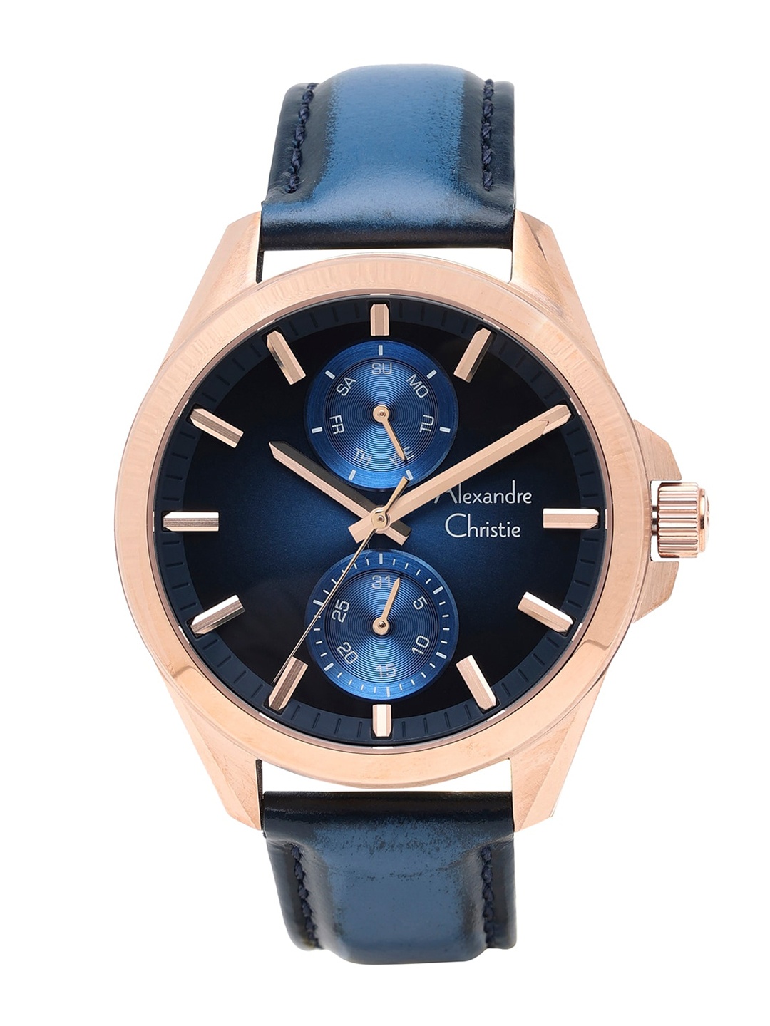 

Alexandre Christie Men Blue Dial & Blue Leather Straps Analogue Watch 6573MFLRGBU