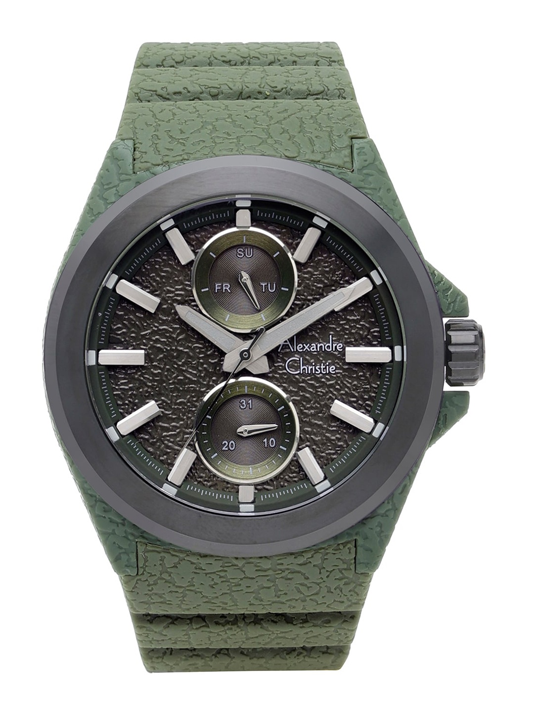 

Alexandre Christie Men Olive Green Dial & Textured Strap Analogue Watch 6585MFRIPGN