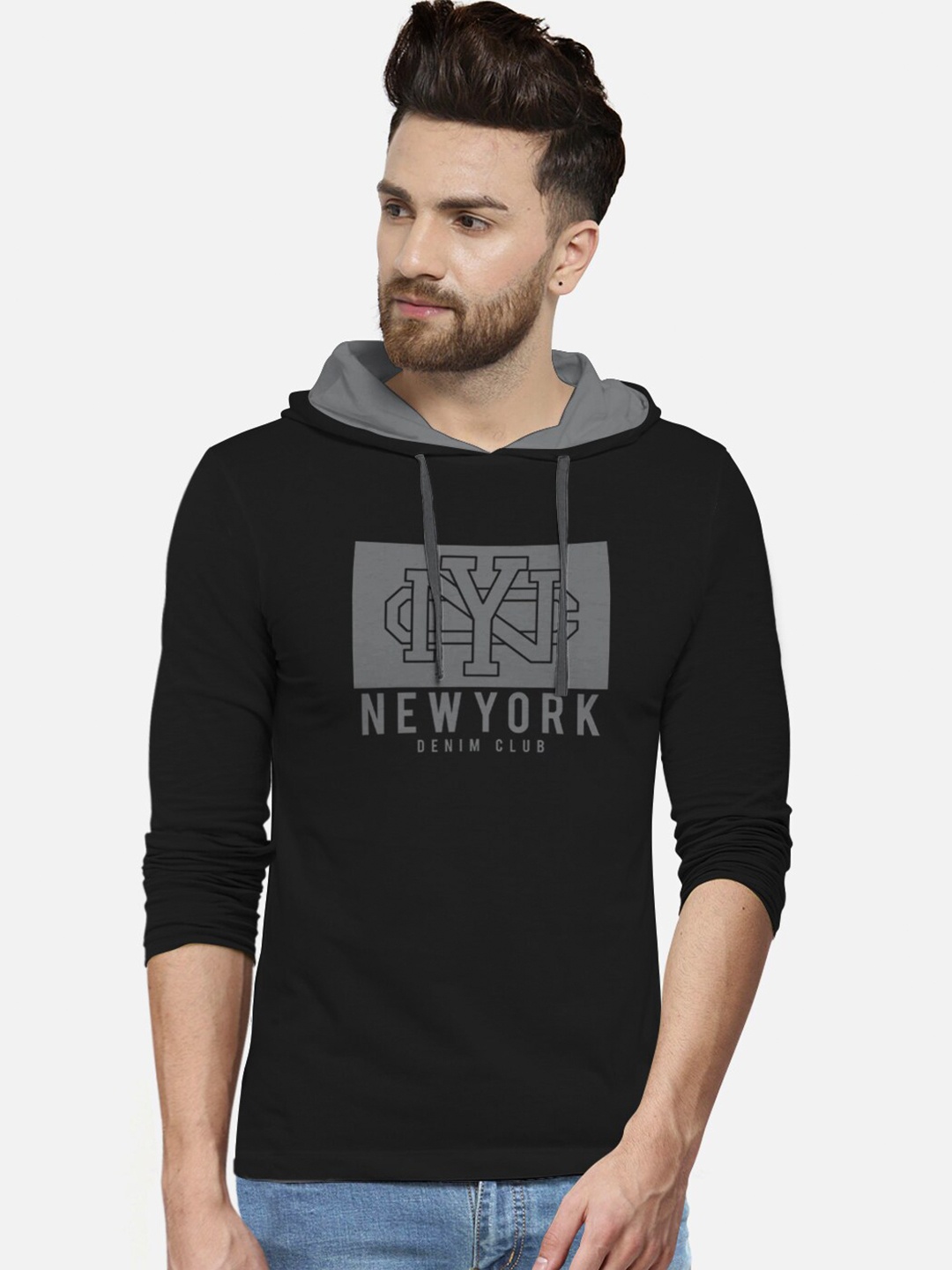 

BULLMER Men Black Typography Printed Hooded T-shirt