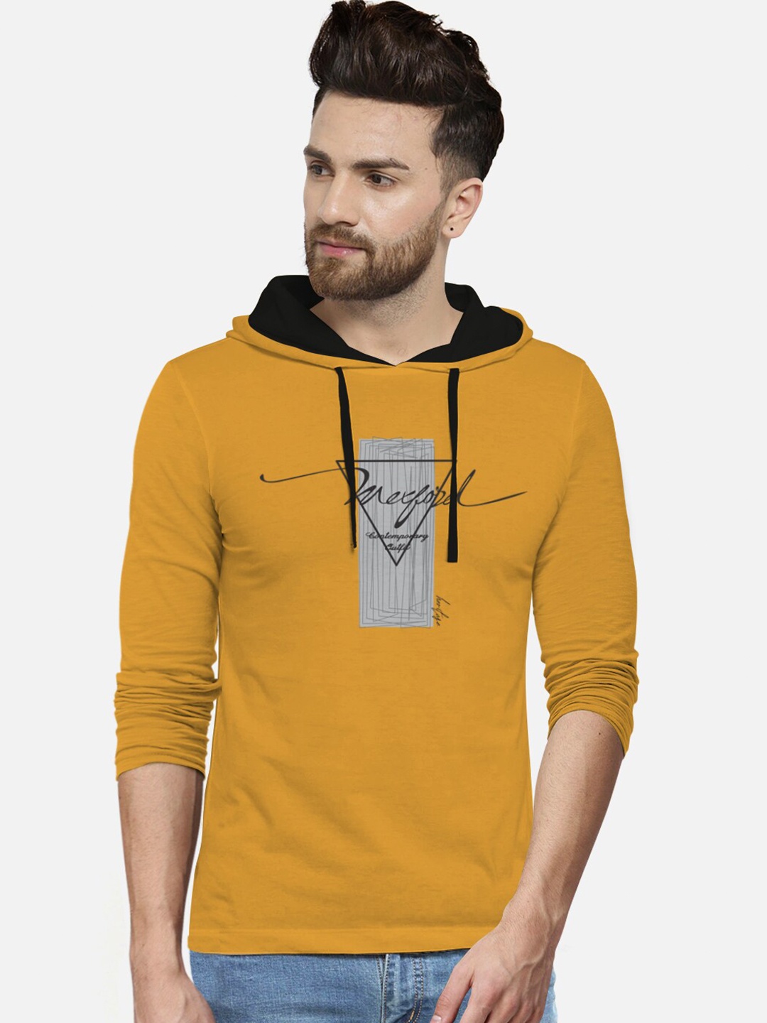 

BULLMER Men Mustard Yellow & Grey Typography Printed Hooded Cotton T-shirt