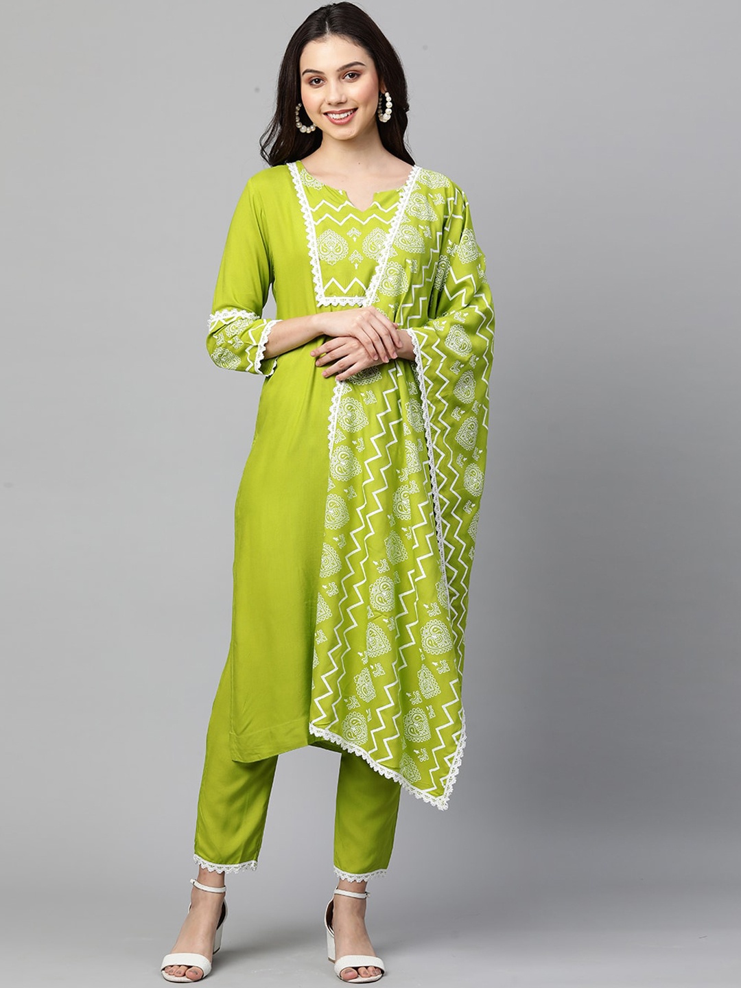 

KALINI Women Lime Green Printed Panelled Kurta with Trousers & With Dupatta