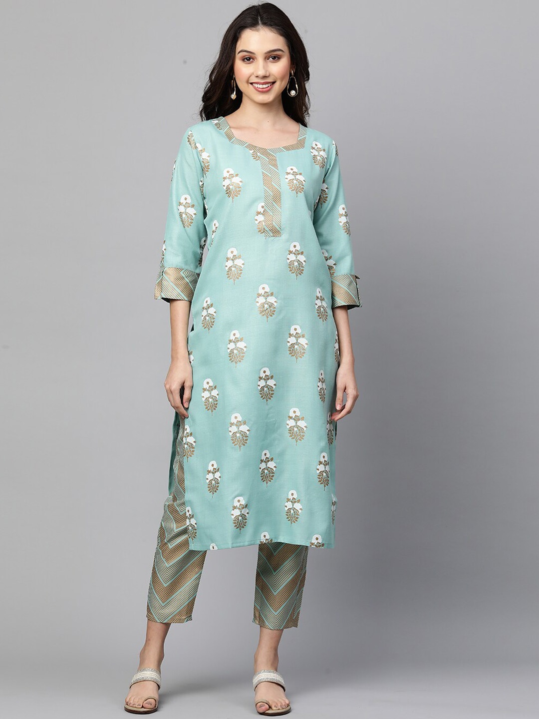 

KALINI Women Sea Green Floral Printed Regular Kurta with Trousers