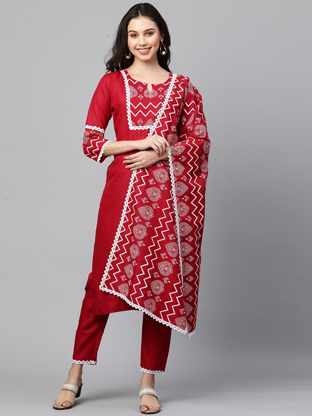 

KALINI Women Red & White Ethnic Motifs Yoke Design Kurta With Trousers & Dupatta