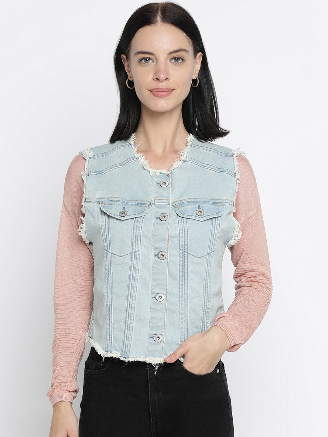

Pepe Jeans Women Blue Washed Collarless Pure Cotton Denim Jacket