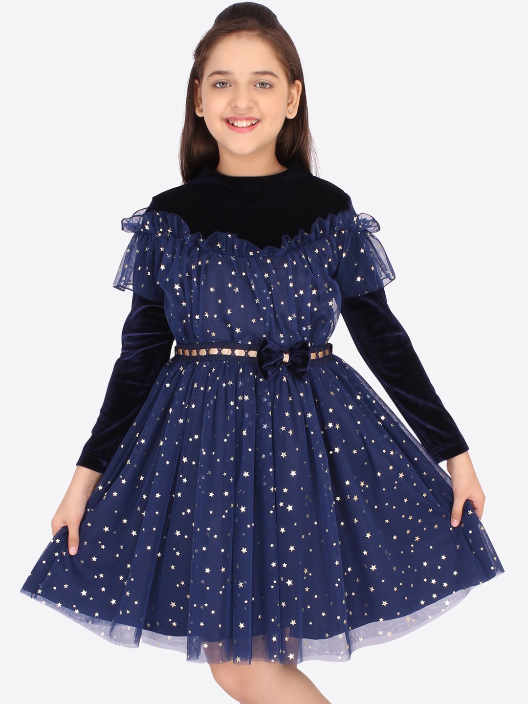 

CUTECUMBER Girls Navy Blue & Silver-Toned Printed Net Dress