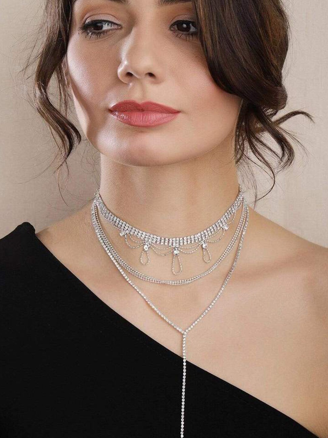 

Rubans Silver-Toned & White Silver-Plated Handcrafted Necklace