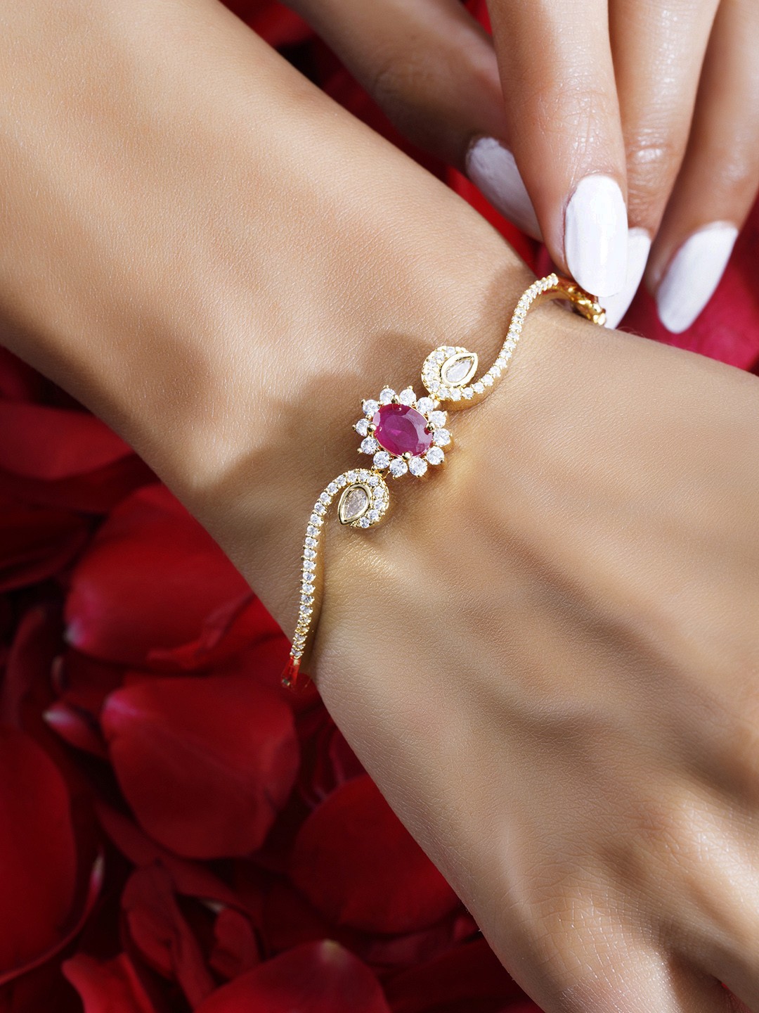 

Rubans Women Gold-Plated Handcrafted Zircon Studded Bangle-Style Bracelet