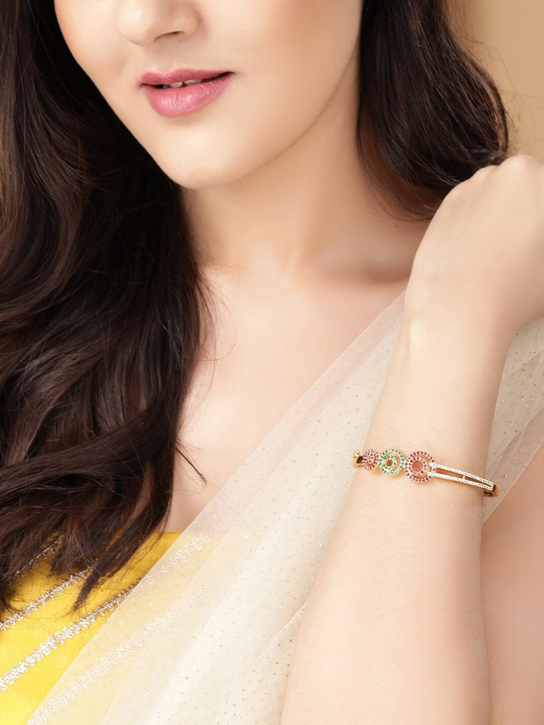 

Rubans Women Gold-Toned & Green Cubic Zirconia Gold-Plated Bangle-Style Bracelet