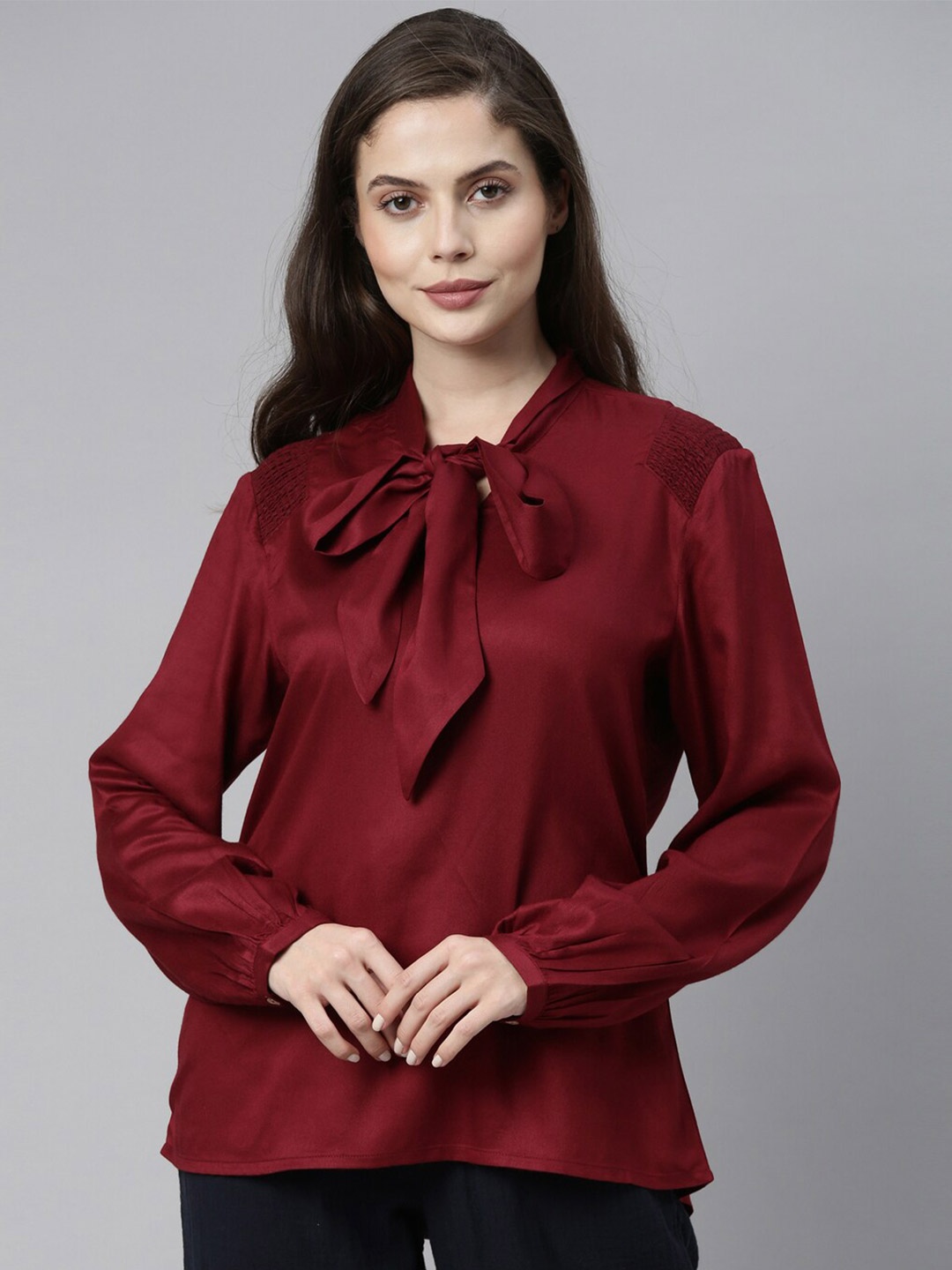 

RAREISM Maroon Tie-Up Neck Regular Top