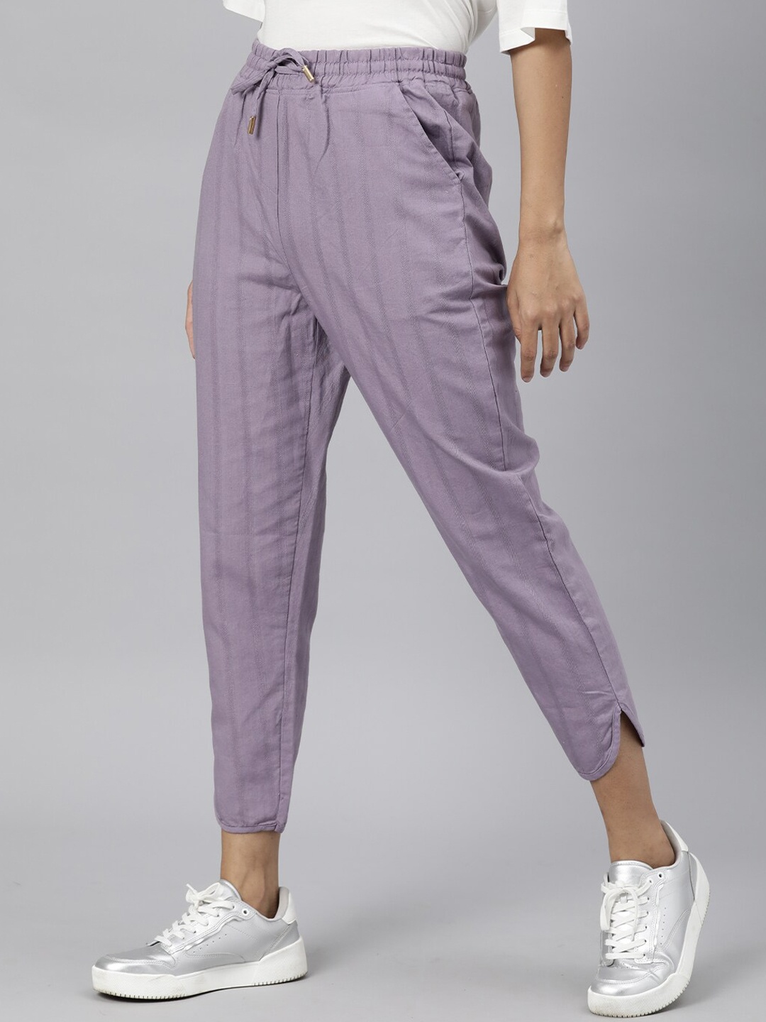 

RAREISM Women Lavender Striped Slim Fit Joggers Trousers