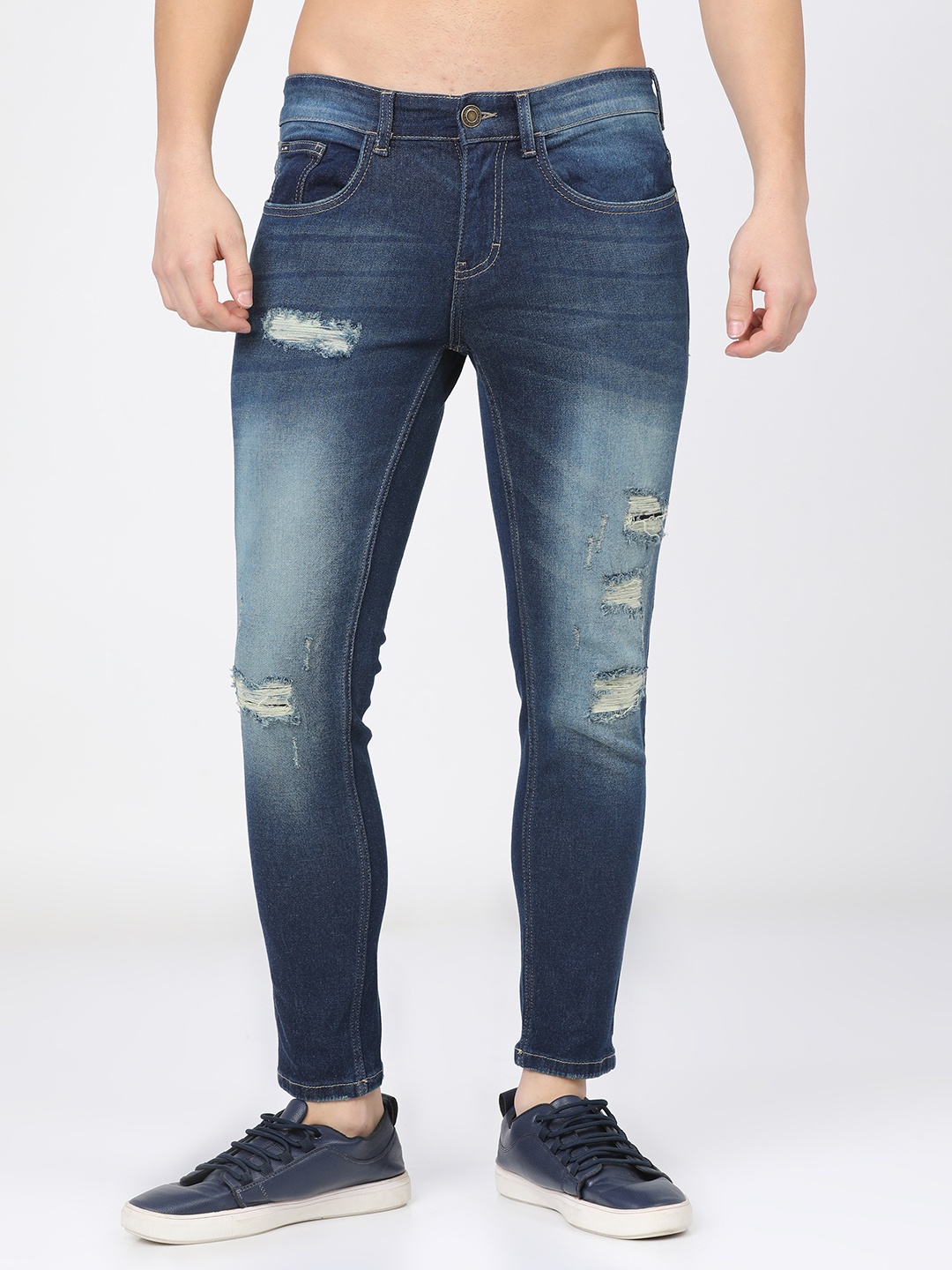 

HIGHLANDER Men Tapered Fit Mildly Distressed Heavy Fade Stretchable Jeans, Blue