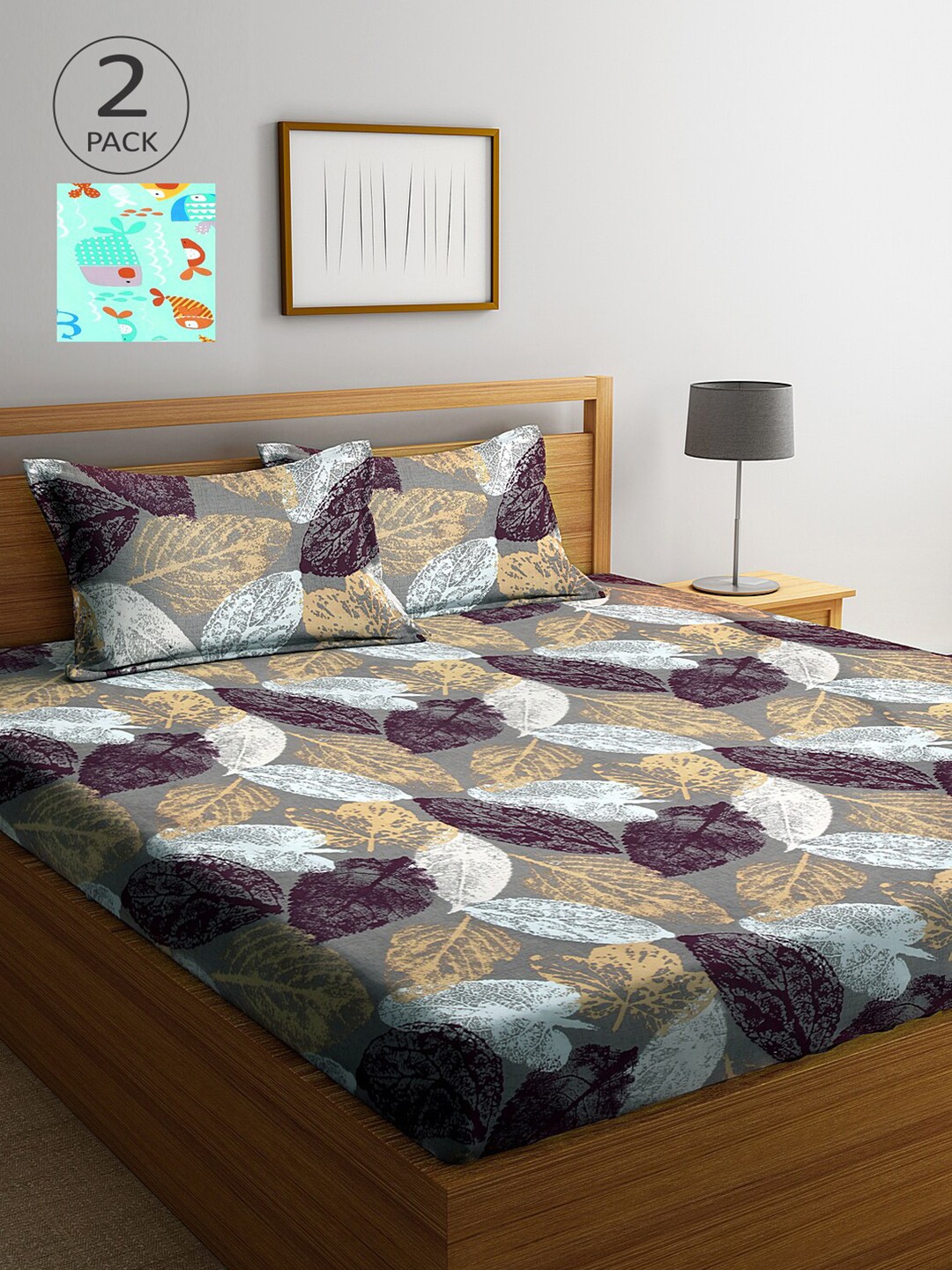 

Arrabi Pack of 2 Printed 300 TC King Bedsheet with 4 Pillow Covers, Grey