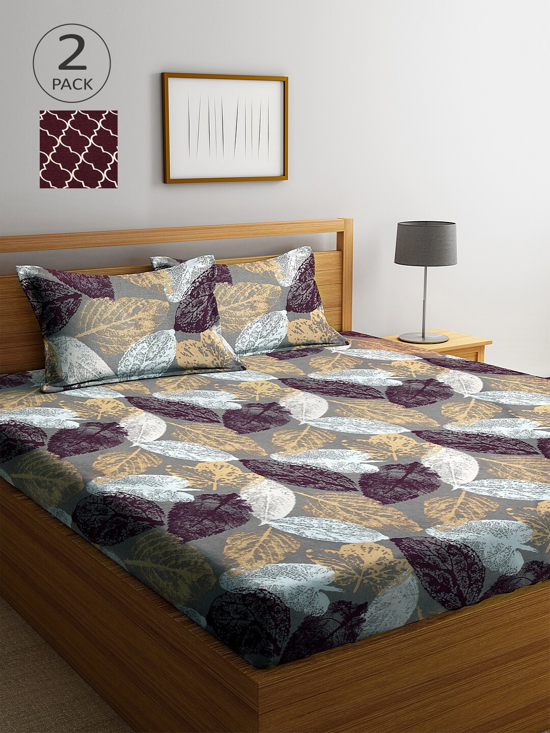 

Arrabi Pack Of 2 Maroon & Grey Floral 300 TC 2 King Bedsheet with 4 Pillow Covers