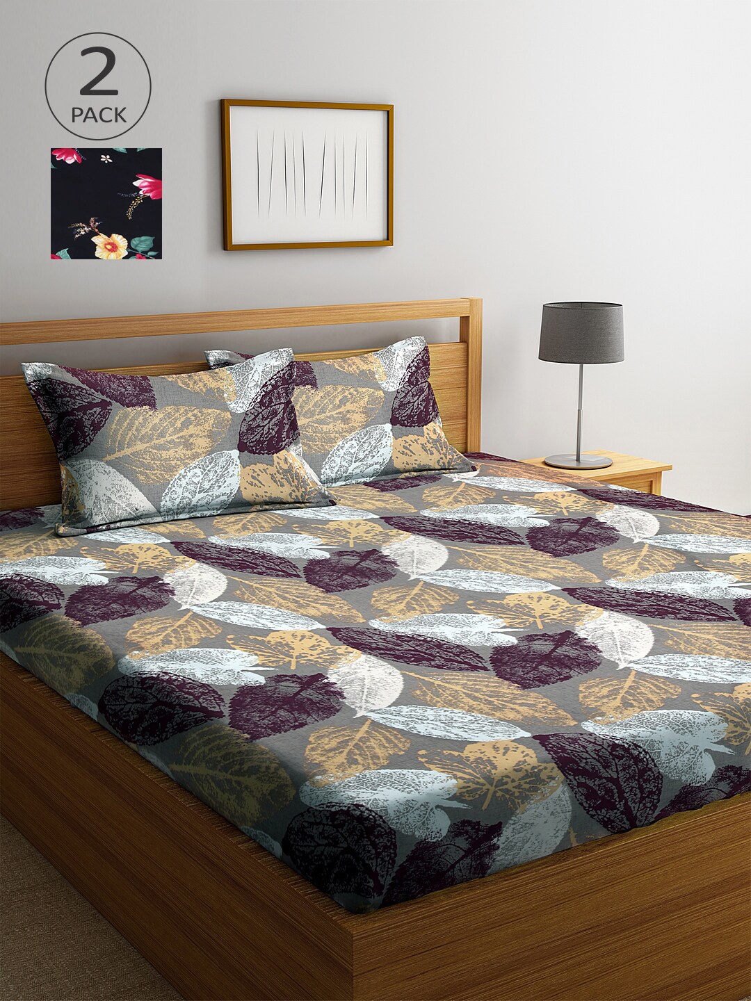 

Arrabi Navy Blue & Purple Floral 300 TC 2 King Bedsheets with 4 Pillow Covers