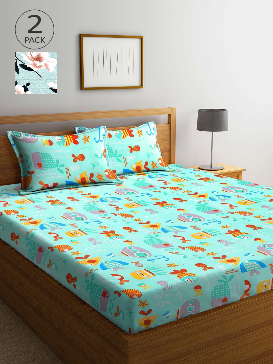 

Arrabi Sea Green & Yellow Cartoon Characters 300 TC 2 King Bedsheet with 4 Pillow Covers