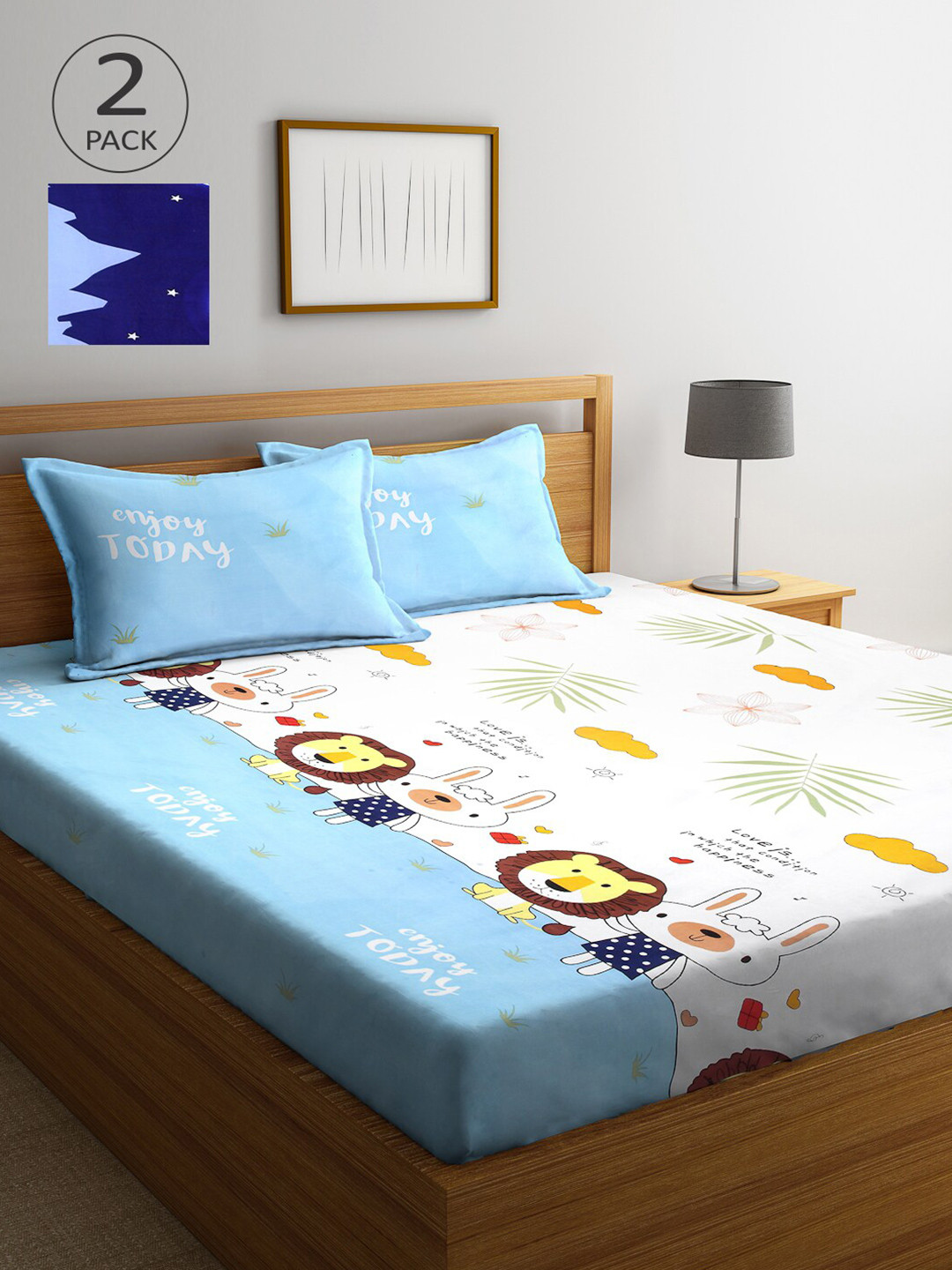 

Arrabi Pack Of 2 Printed 300 TC King 2 Bedsheets with 4 Pillow Covers, Blue