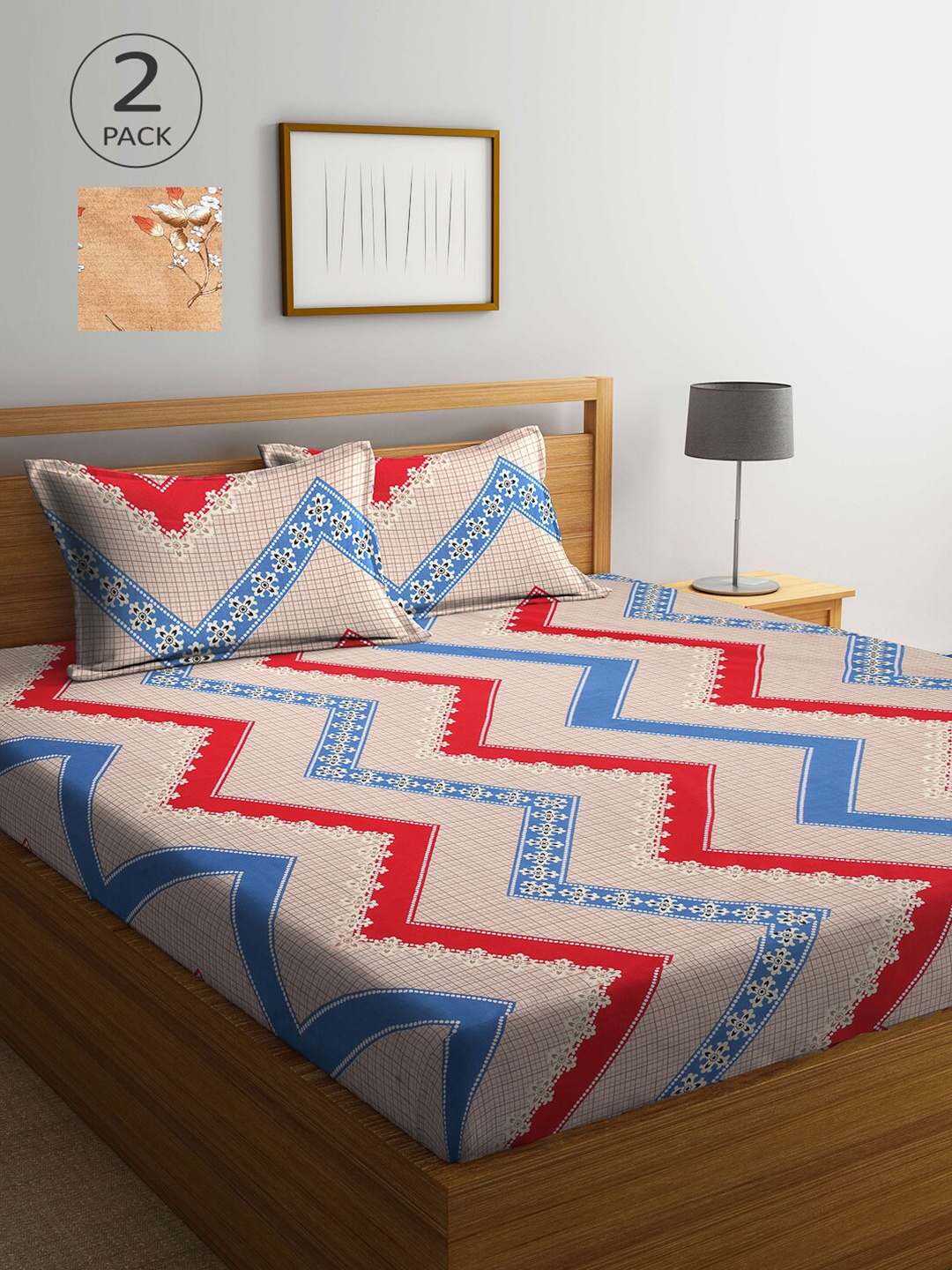 

Arrabi Set Of 2 Beige & Red Geometric 300 TC King Bedsheet With 4 Pillow Covers