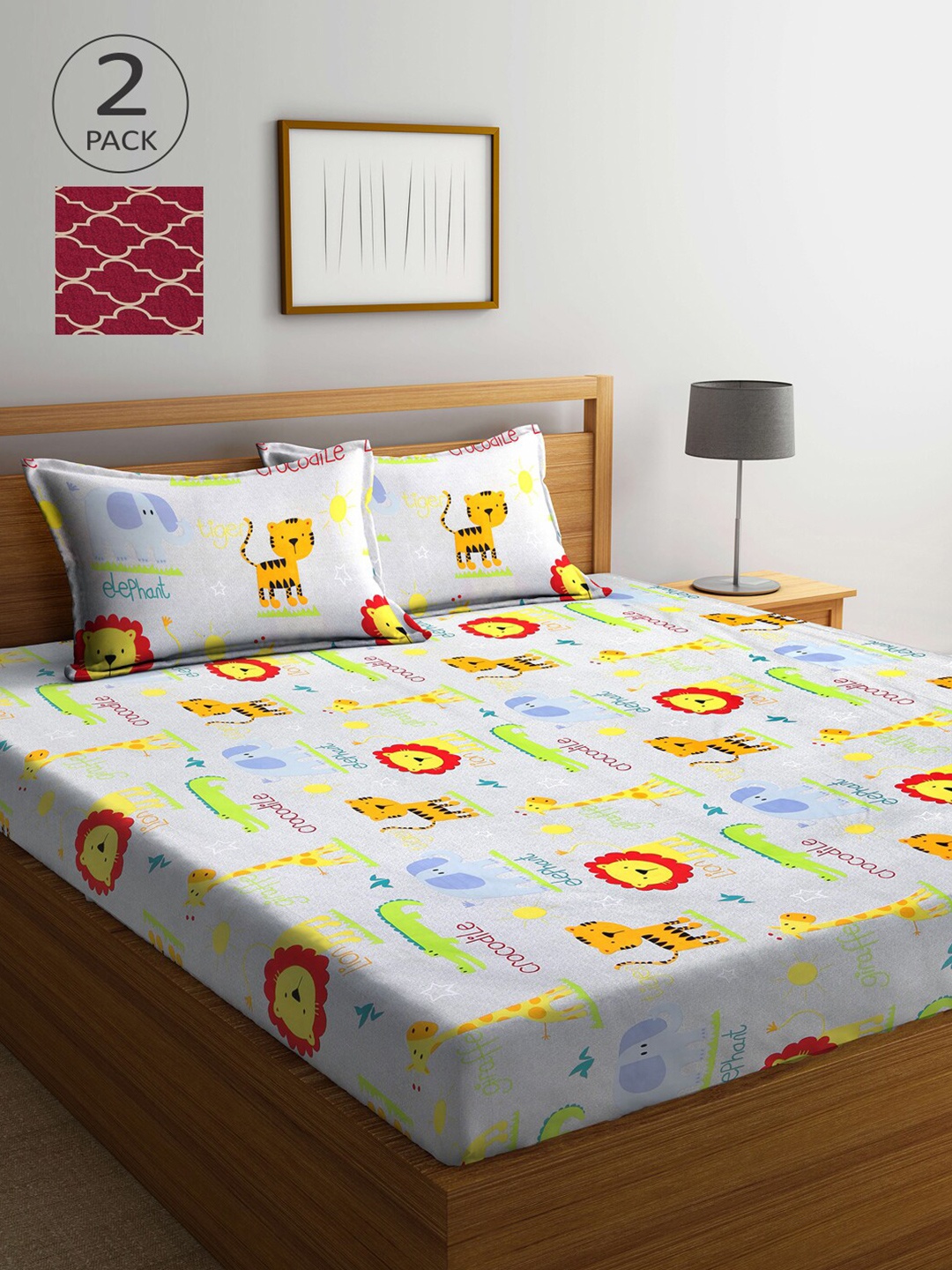 

Arrabi Maroon & Grey Printed 300 TC 2 King Bedsheet with 4 Pillow Covers