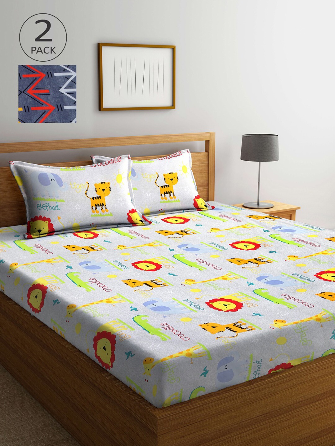 

Arrabi Grey & Blue Graphic 300 TC 2 King Bedsheet with 4 Pillow Covers