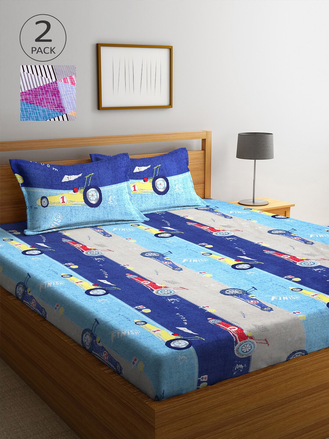 

Arrabi Pack Of 2 Blue & Red Graphic 300 TC 2 King Bedsheet with 4 Pillow Covers