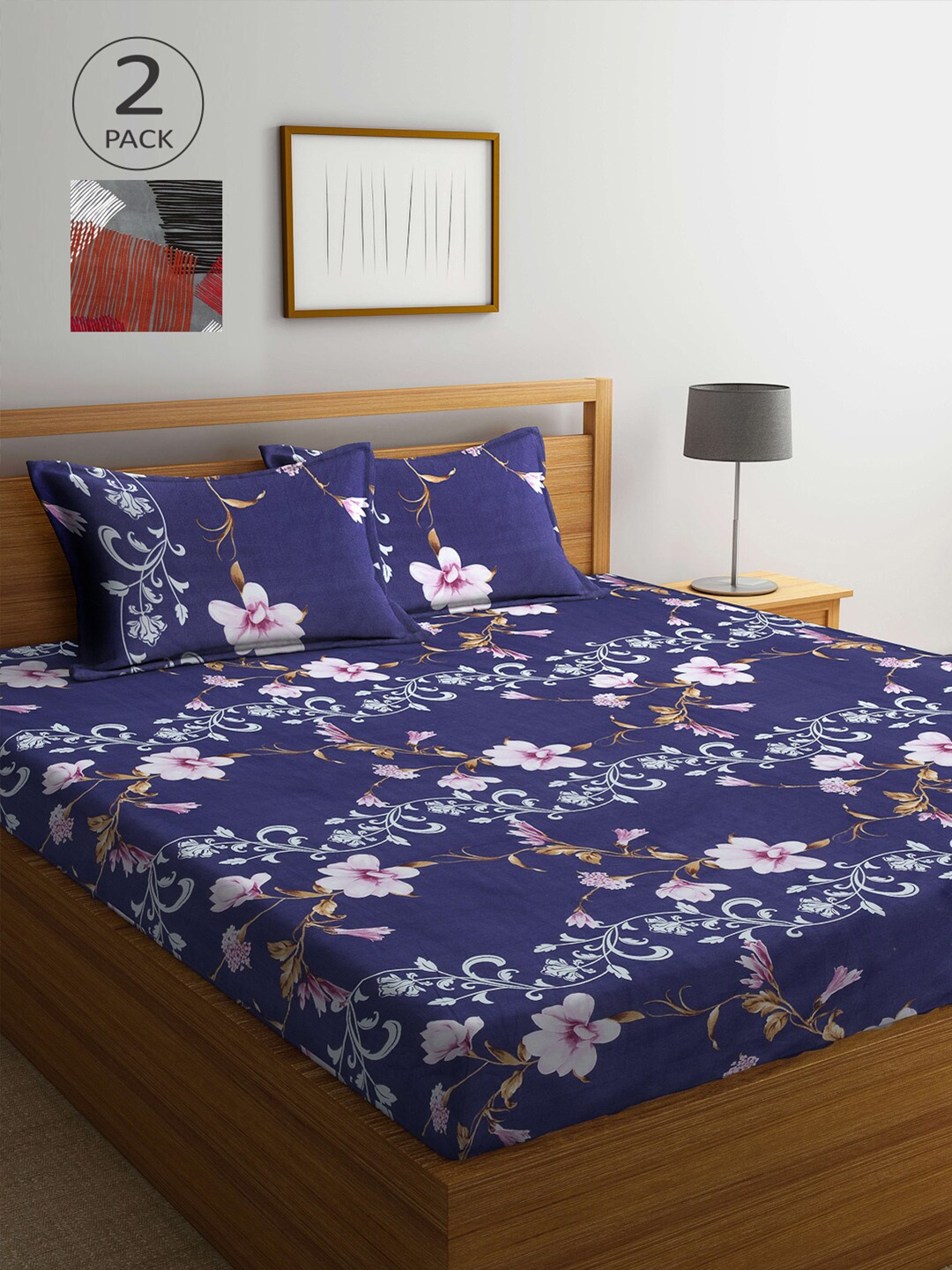 

Arrabi Pack Of 2 Printed 300 TC King 2 Bedsheets with 4 Pillow Covers, Blue