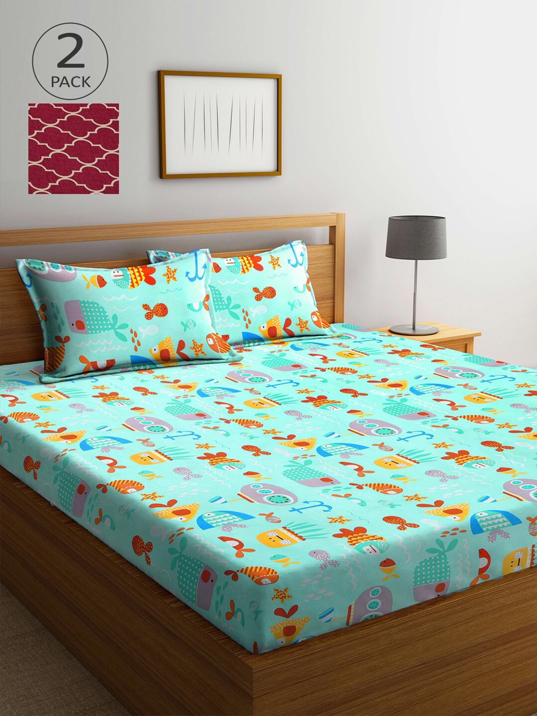 

Arrabi Turquoise Blue & Maroon Graphic 300 TC 2 King Bedsheet with 4 Pillow Covers