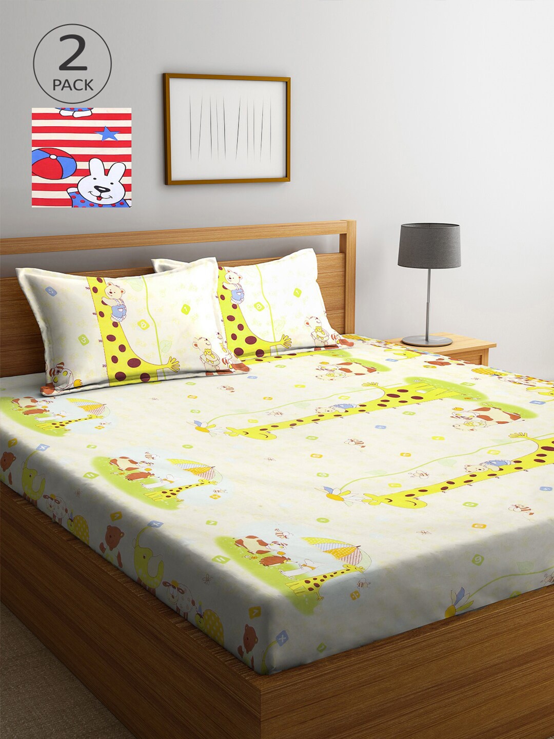

Arrabi Cream-Coloured & Red Cartoon Characters 300TC 2 King Bedsheets with 4 Pillow Covers