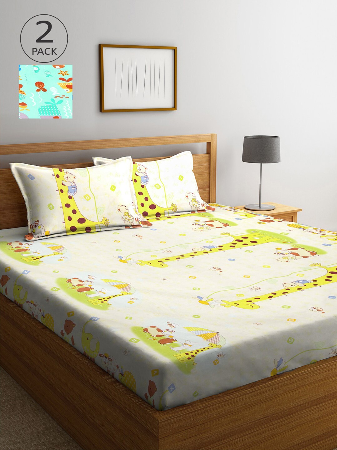 

Arrabi Off Pack of 2 Printed 300 TC King Bedsheet with 4 Pillow Covers, Off white